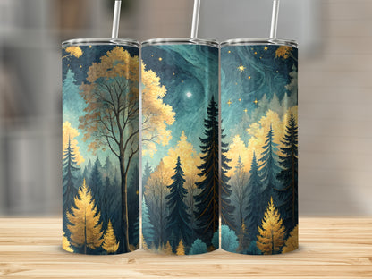 Starry Night Forest Tumbler with Yellow and Green Trees