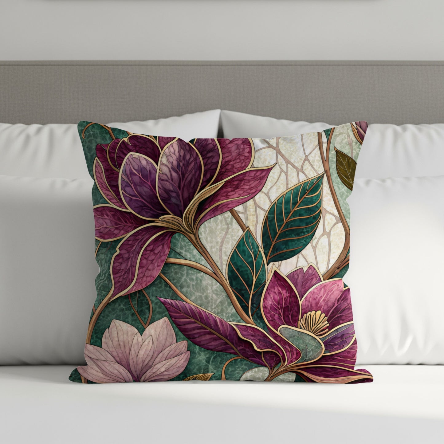 Magnolia Floral Artwork in Green and Purple Tones Throw Pillows - Walk Greener