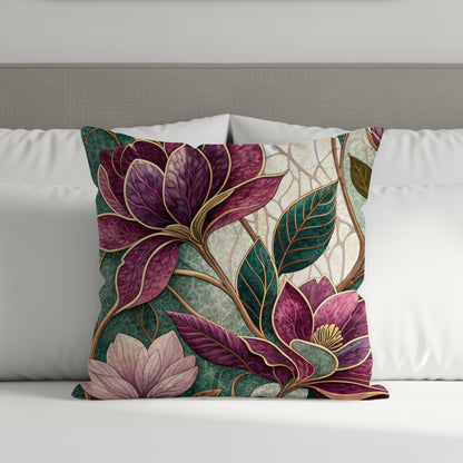 Magnolia Floral Artwork in Green and Purple Tones Throw Pillows - Walk Greener