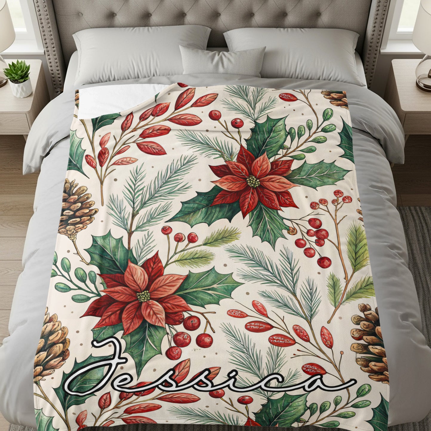 Personalized Holiday Floral Bedding Custom Name Blanket