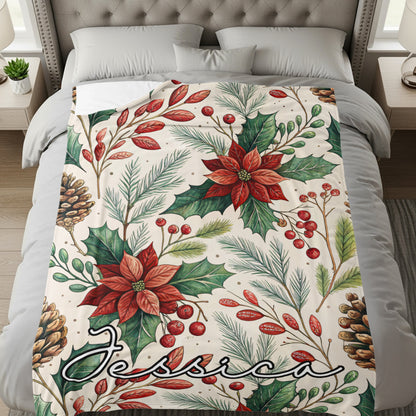 Personalized Holiday Floral Bedding Custom Name Blanket