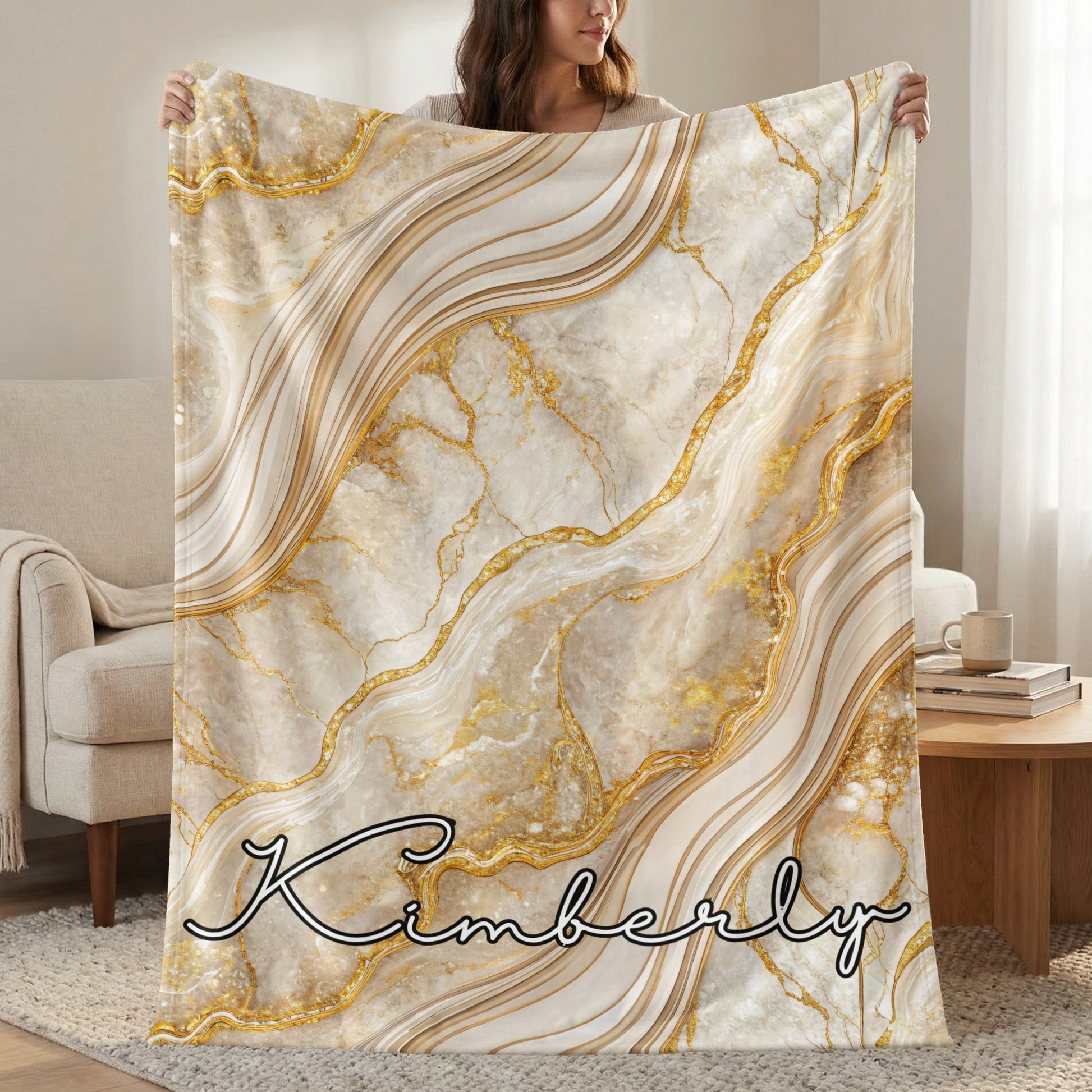 Elegant Gold Veined Marble Background Custom Name Blanket - Walk Greener