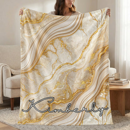 Elegant Gold Veined Marble Background Custom Name Blanket - Walk Greener