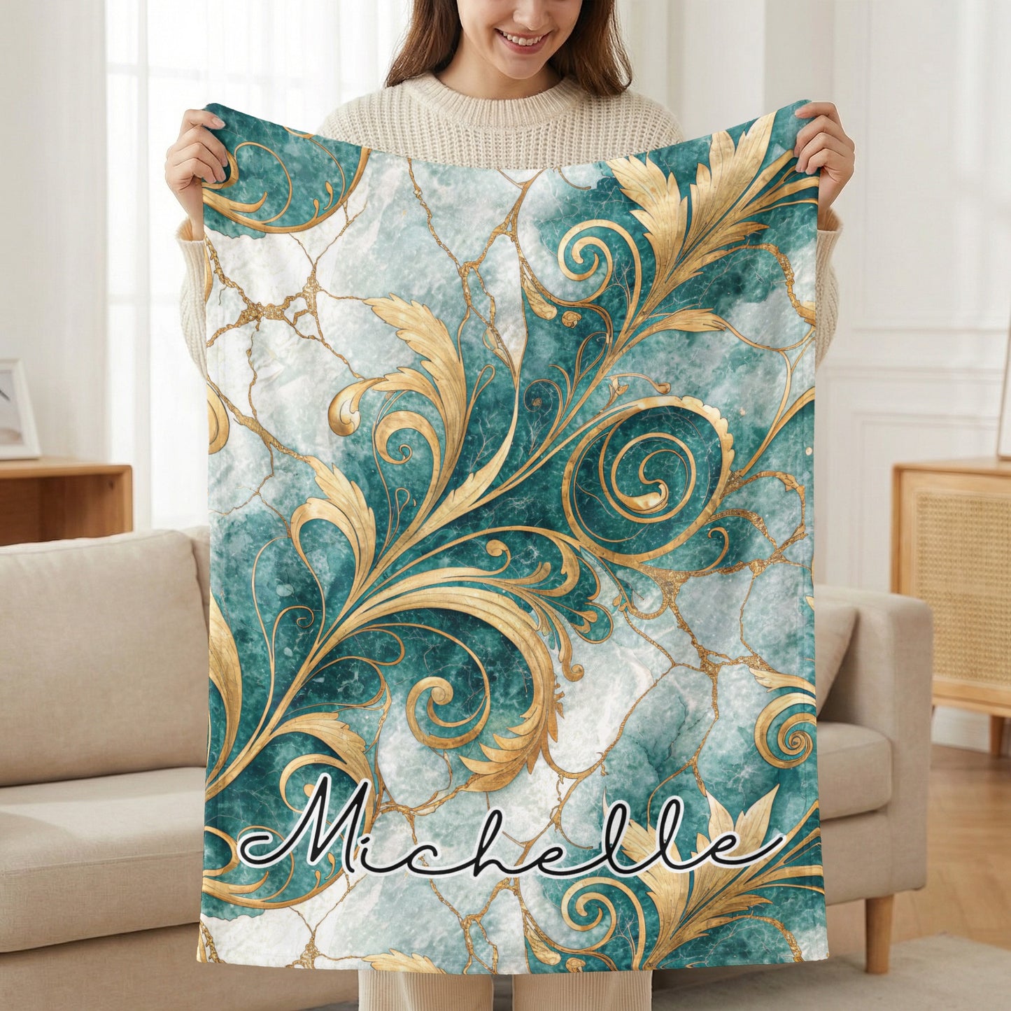 Golden Floral on Blue Custom Name Style Blanket - Walk Greener
