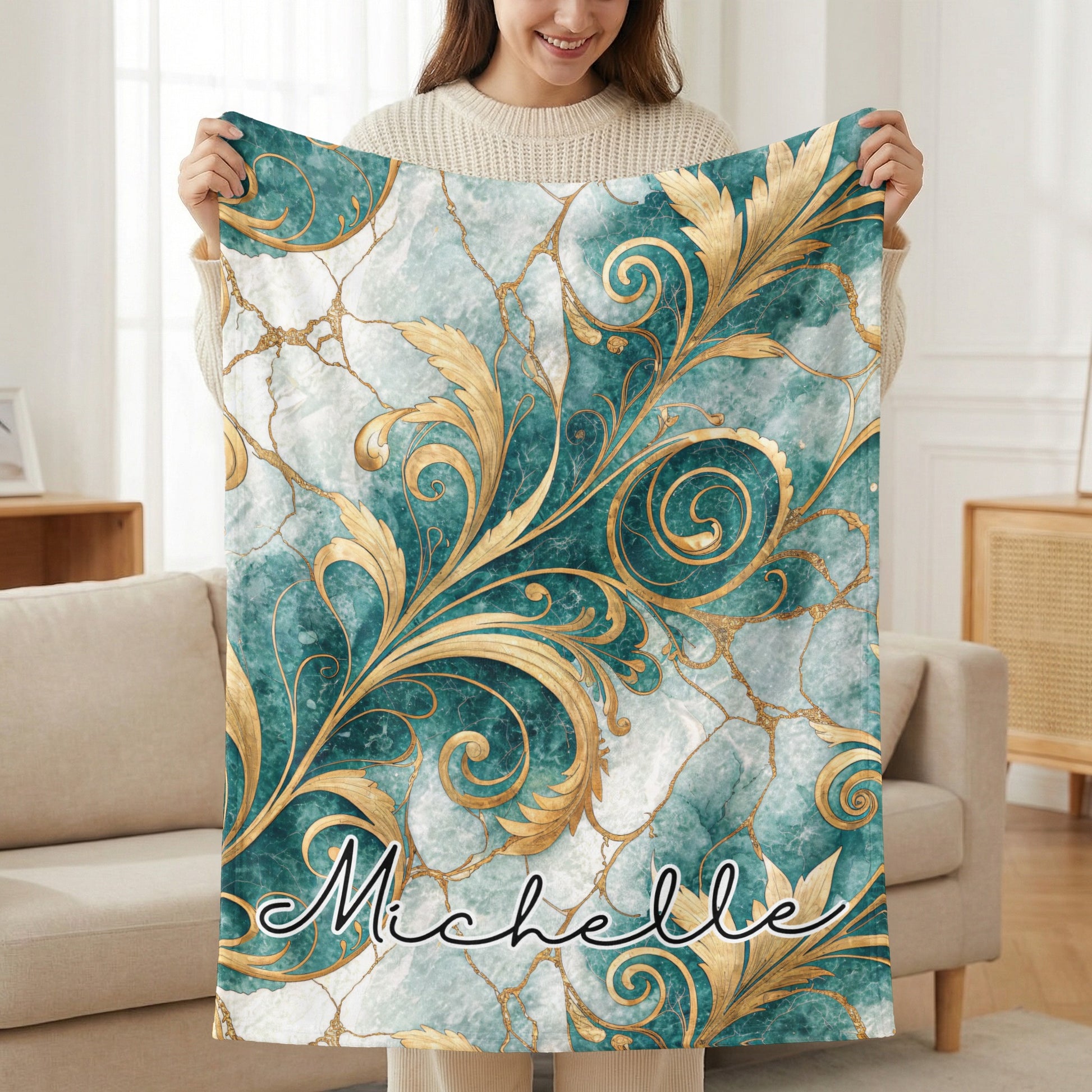 Golden Floral on Blue Custom Name Style Blanket - Walk Greener