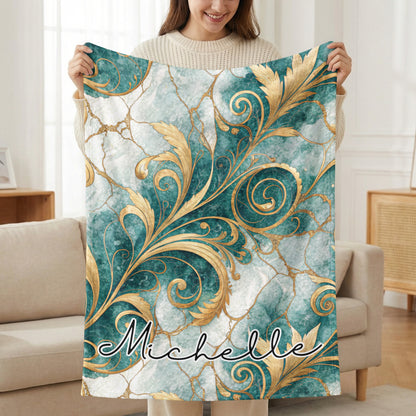 Golden Floral on Blue Custom Name Style Blanket - Walk Greener