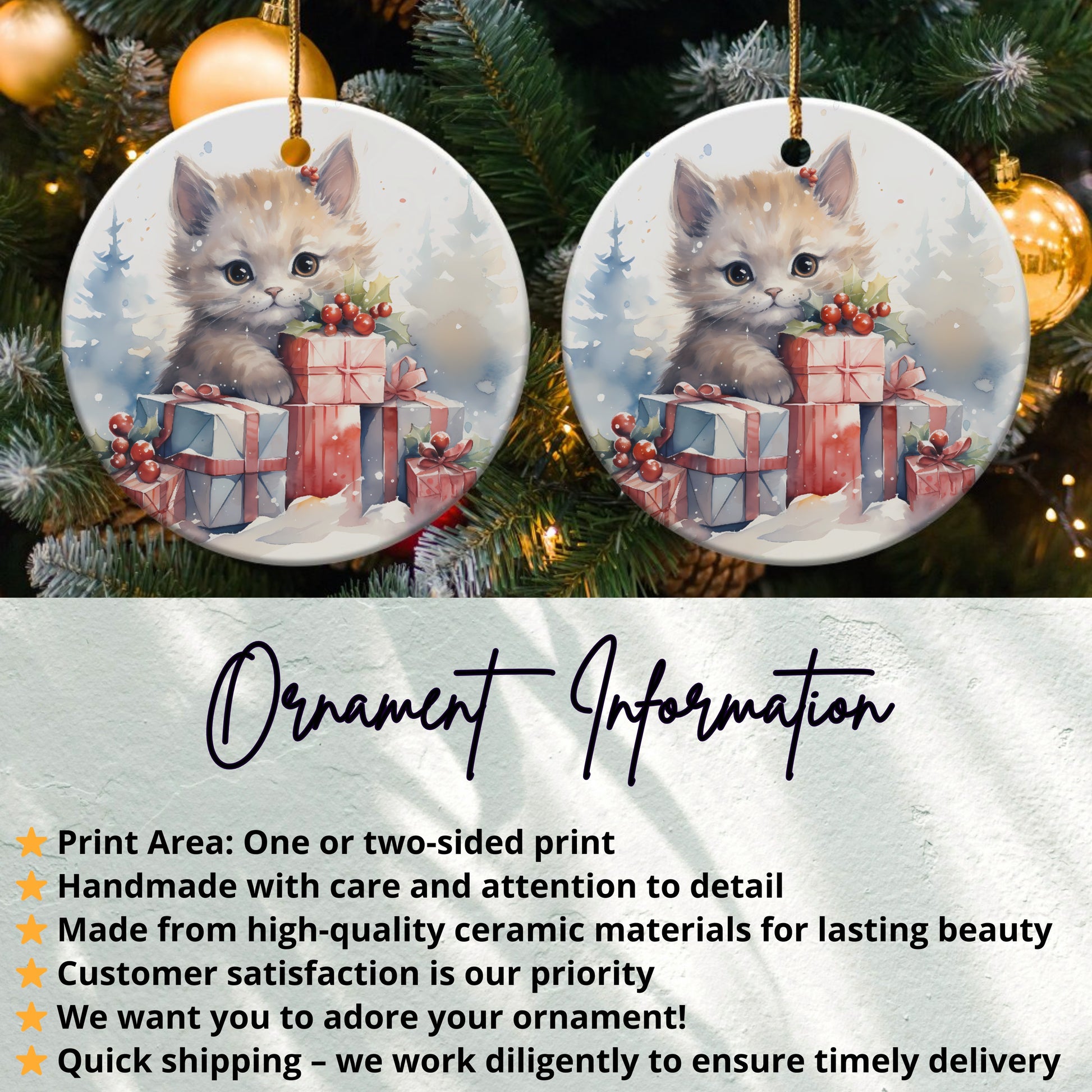 Cute Kitten with Presents Holiday Ornament product