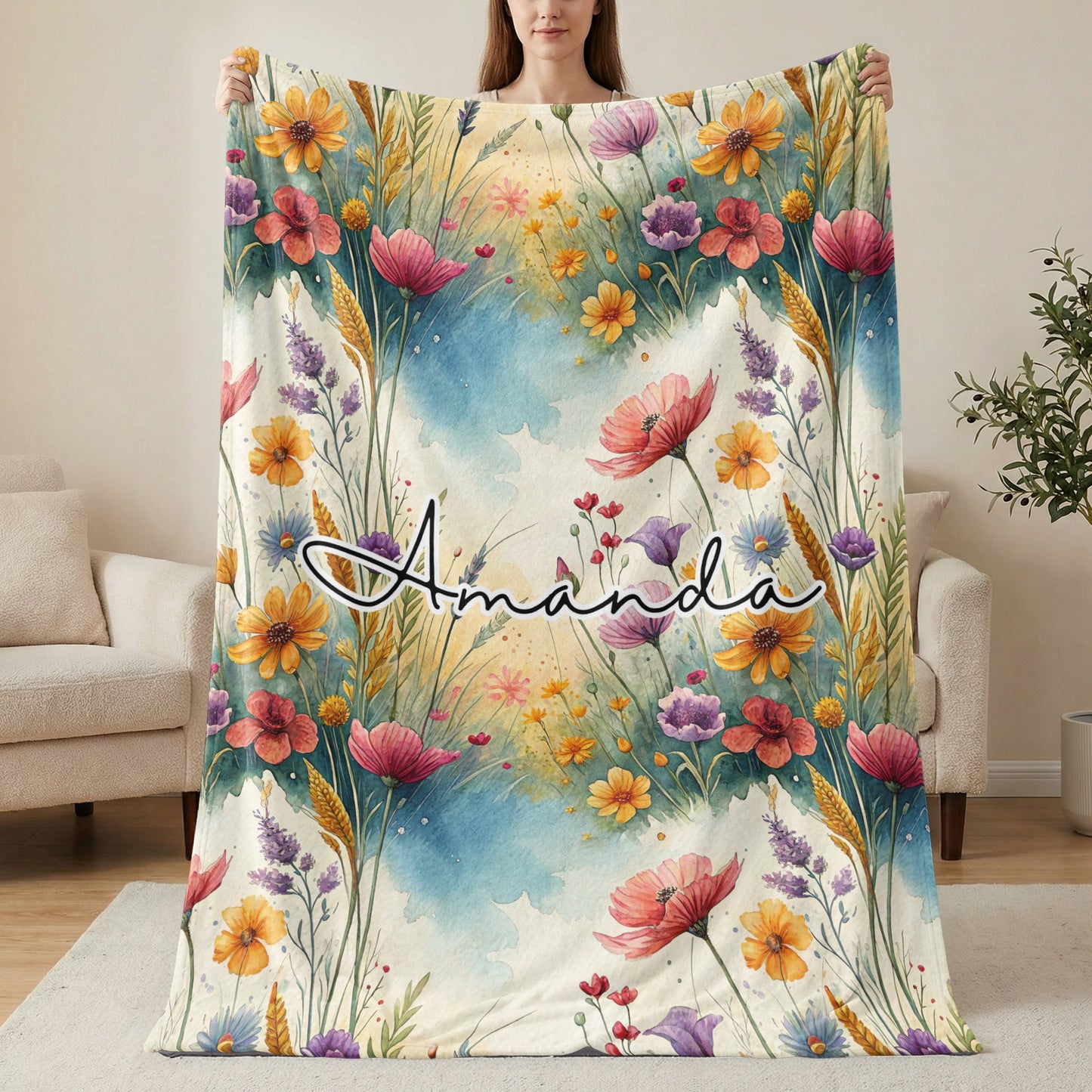 Beautiful Floral Blanket with Personalized Name Amanda
