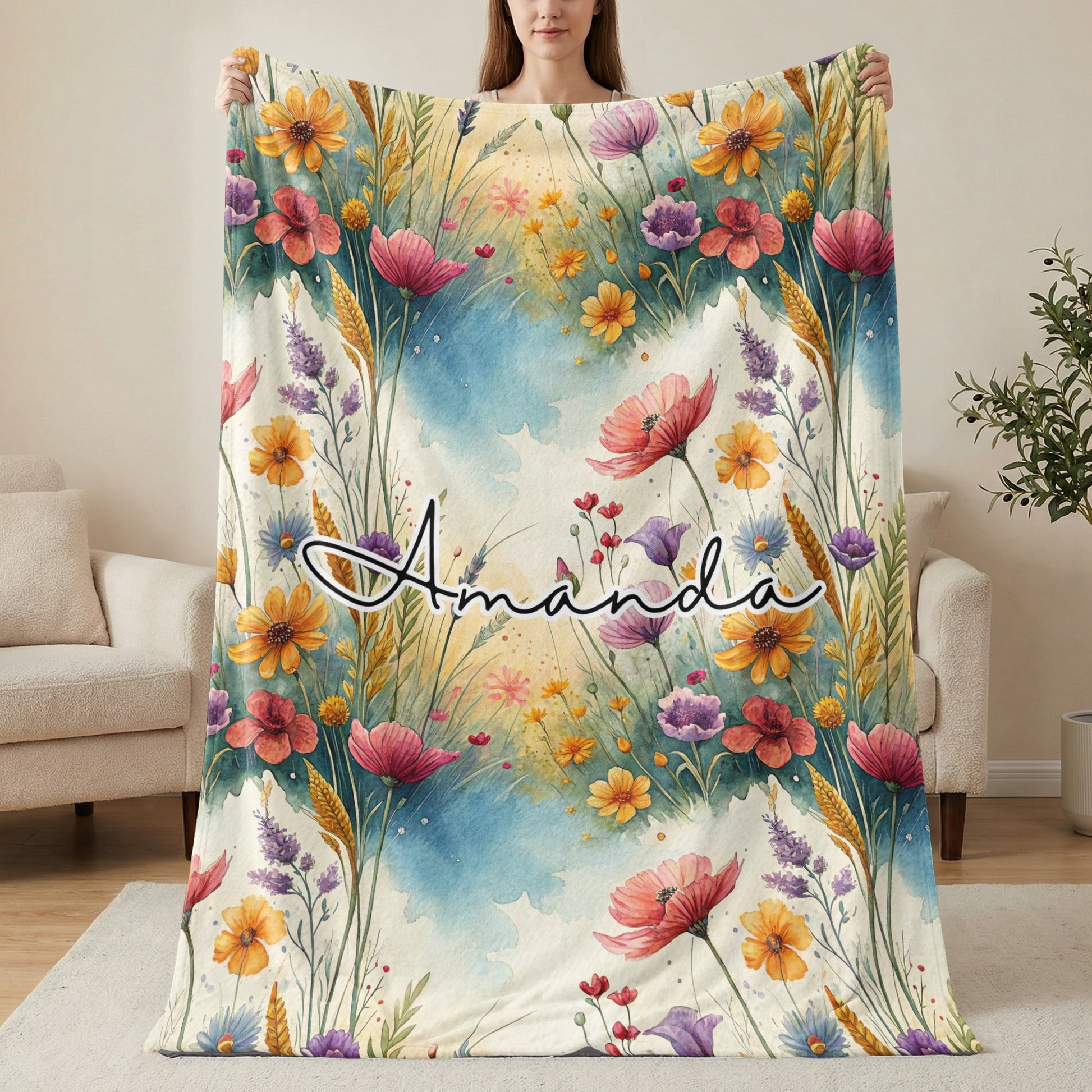Beautiful Floral Blanket with Personalized Name Amanda