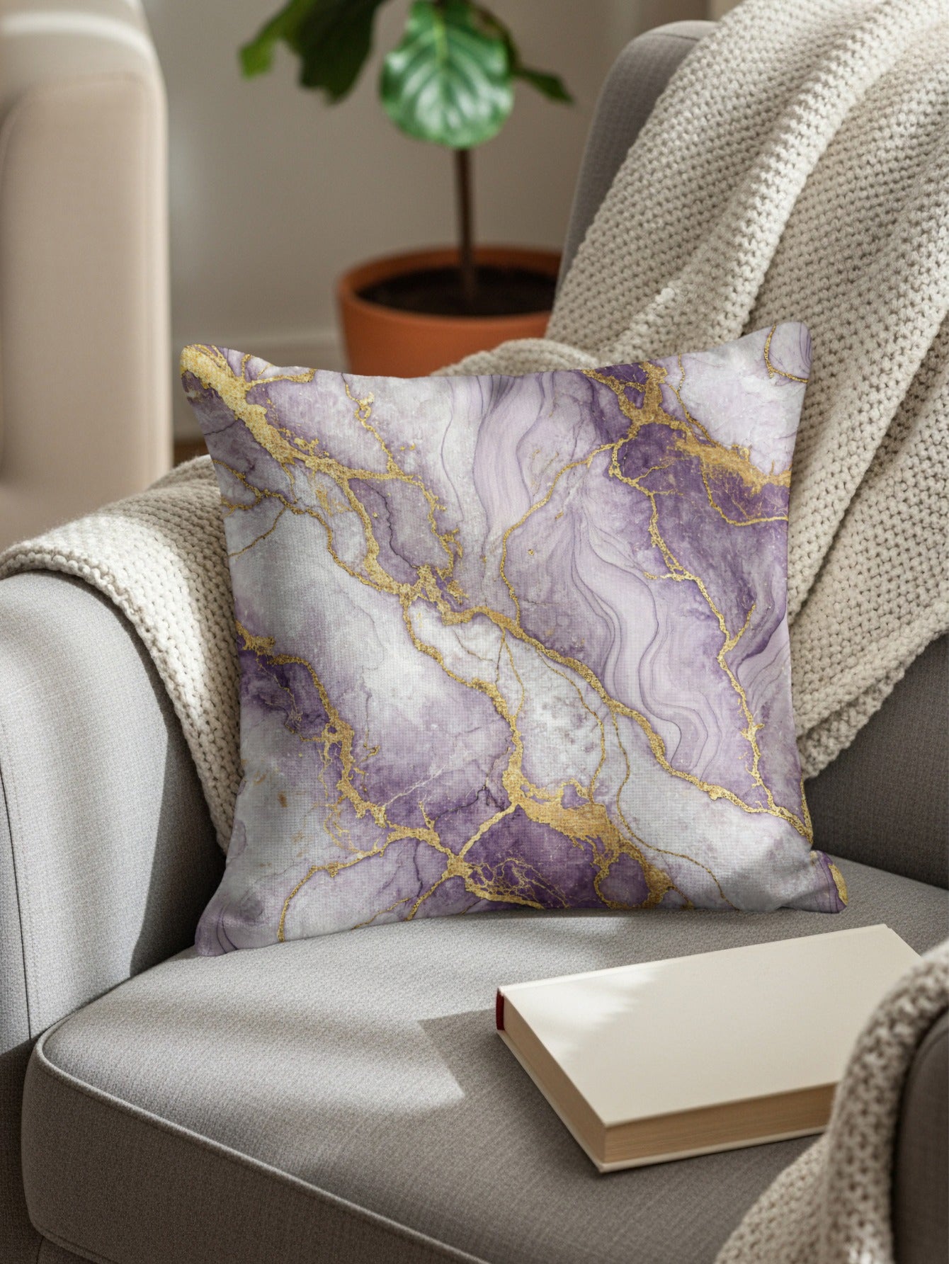 Elegant Purple Gold Accent Abstract Swirl Decorative Floral Throw Pillows - Walk Greener