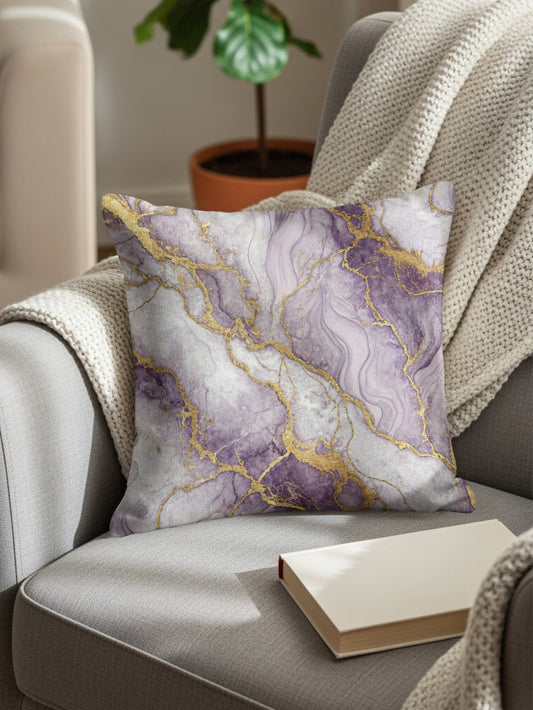 Elegant Purple Gold Accent Abstract Swirl Decorative Floral Throw Pillows - Walk Greener