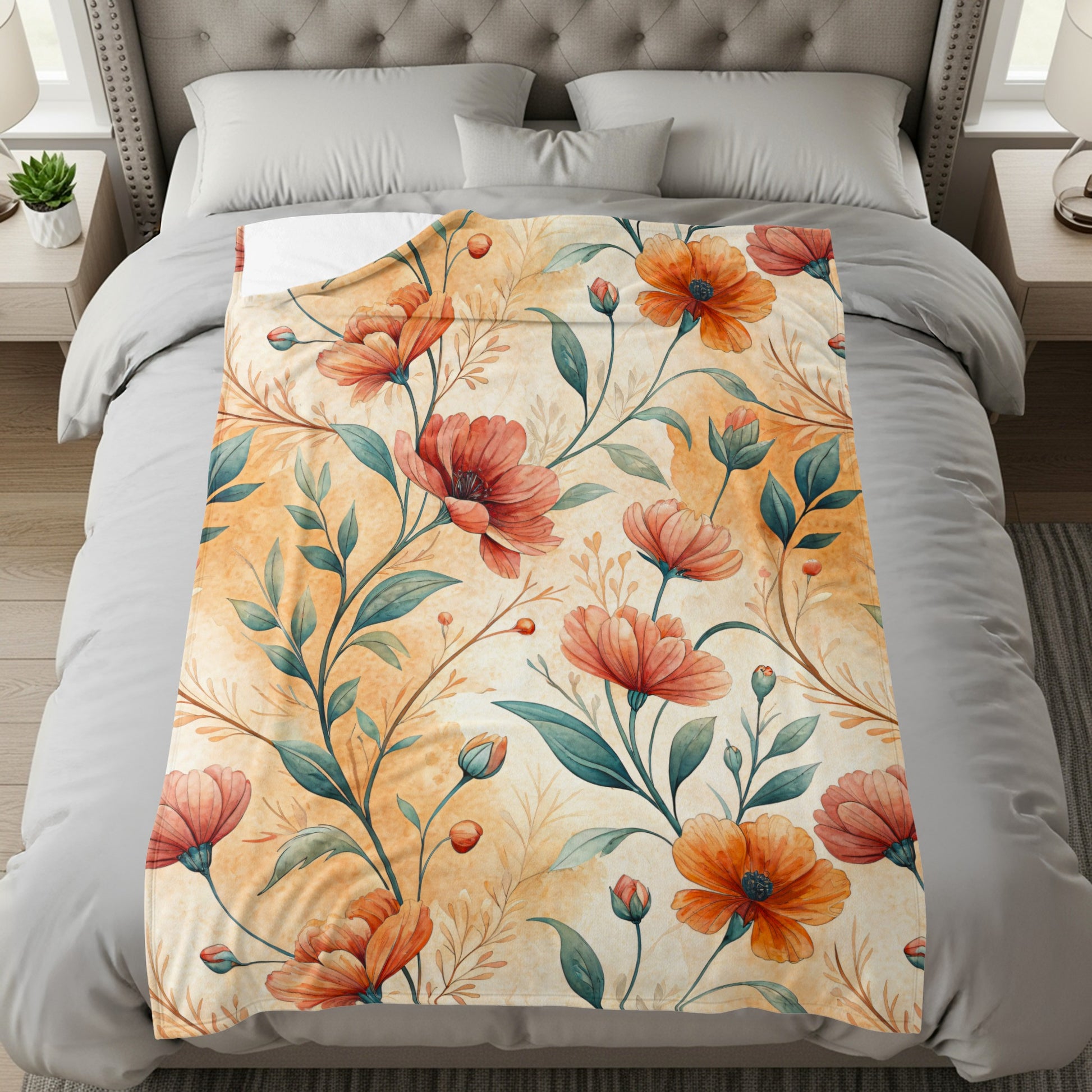 Elegant Orange Flowers Buds With Green Leaves Pattern - Walk Greener