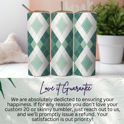 Argyle Pattern with Green and White Squares Design Tumbler - Walk Greener