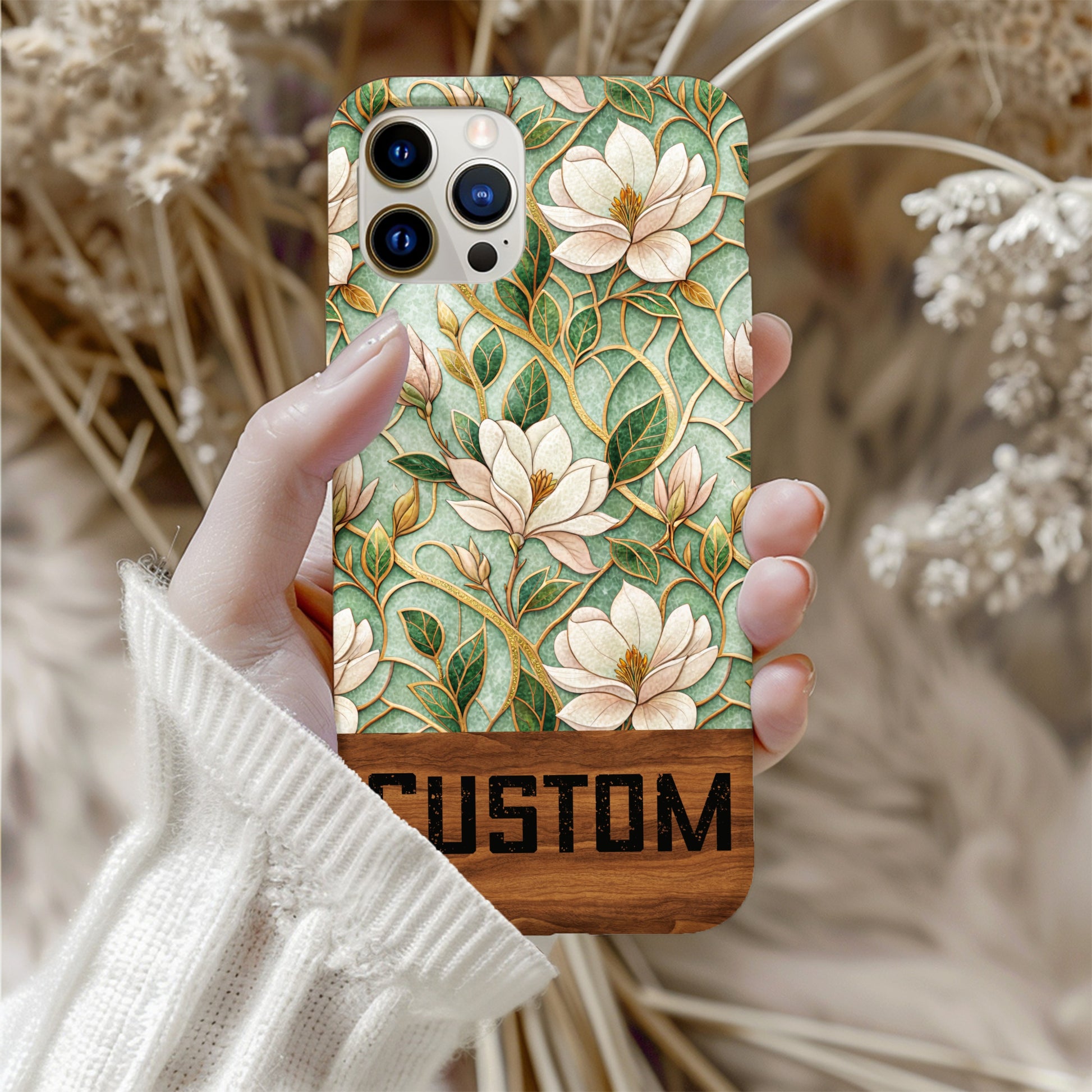 Custom Floral Design Phone Case with Green Background