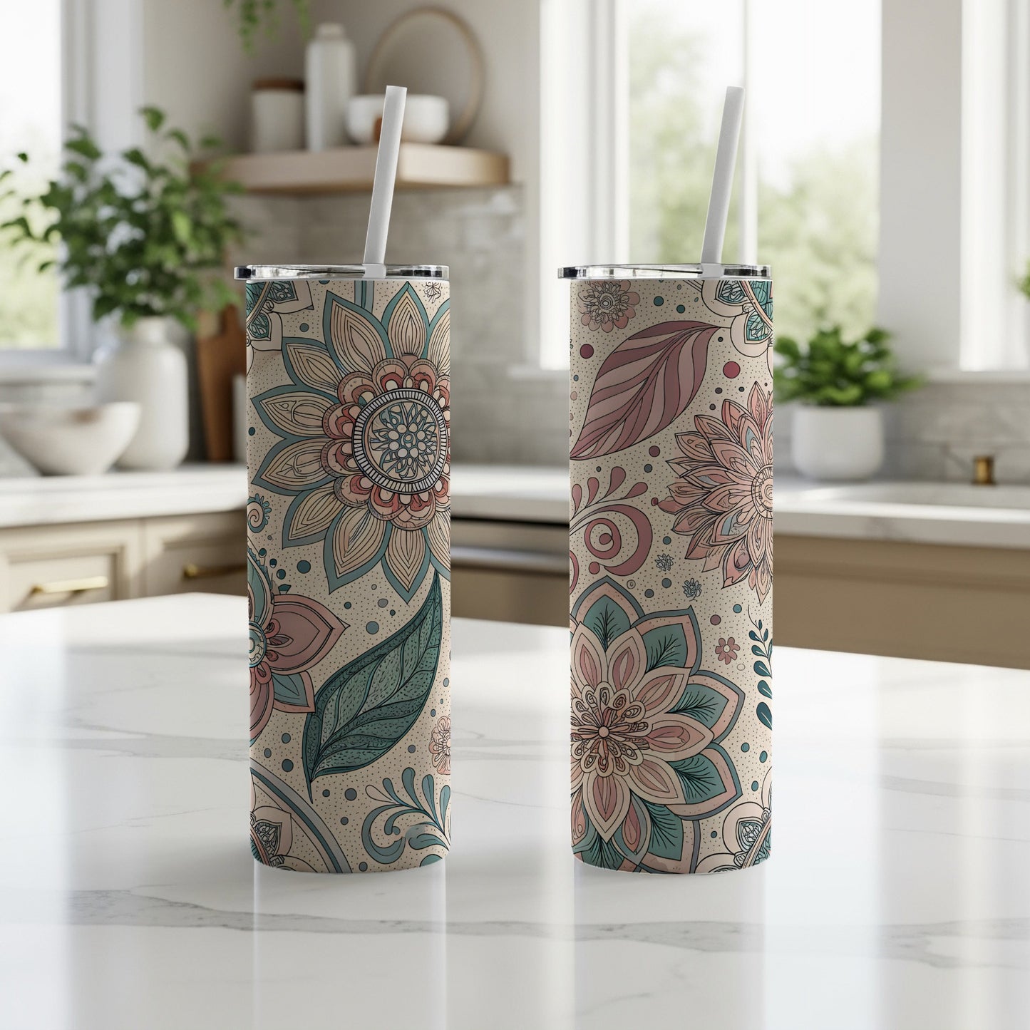 Floral Abstract Design Tumbler with Straw