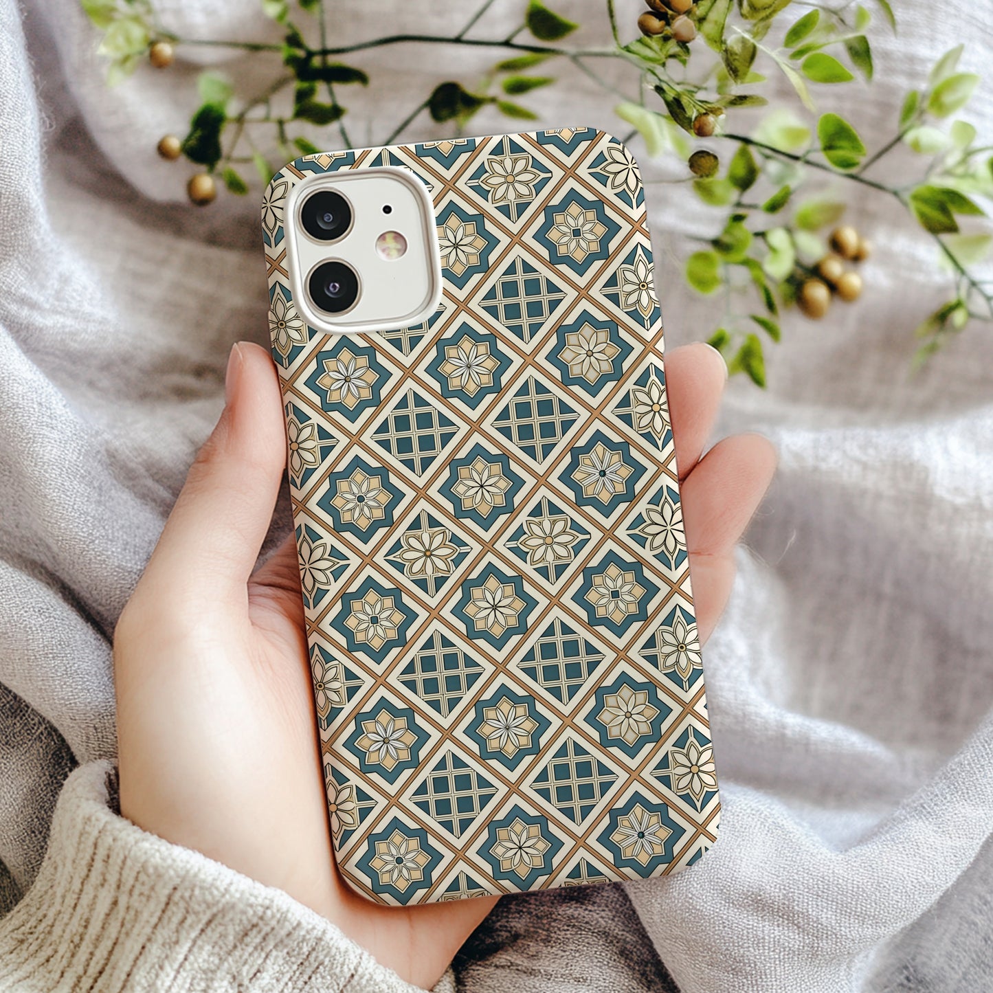Beige Flowers Blue Diamonds Geometric Patterns Custom Phone Case - Walk Greener