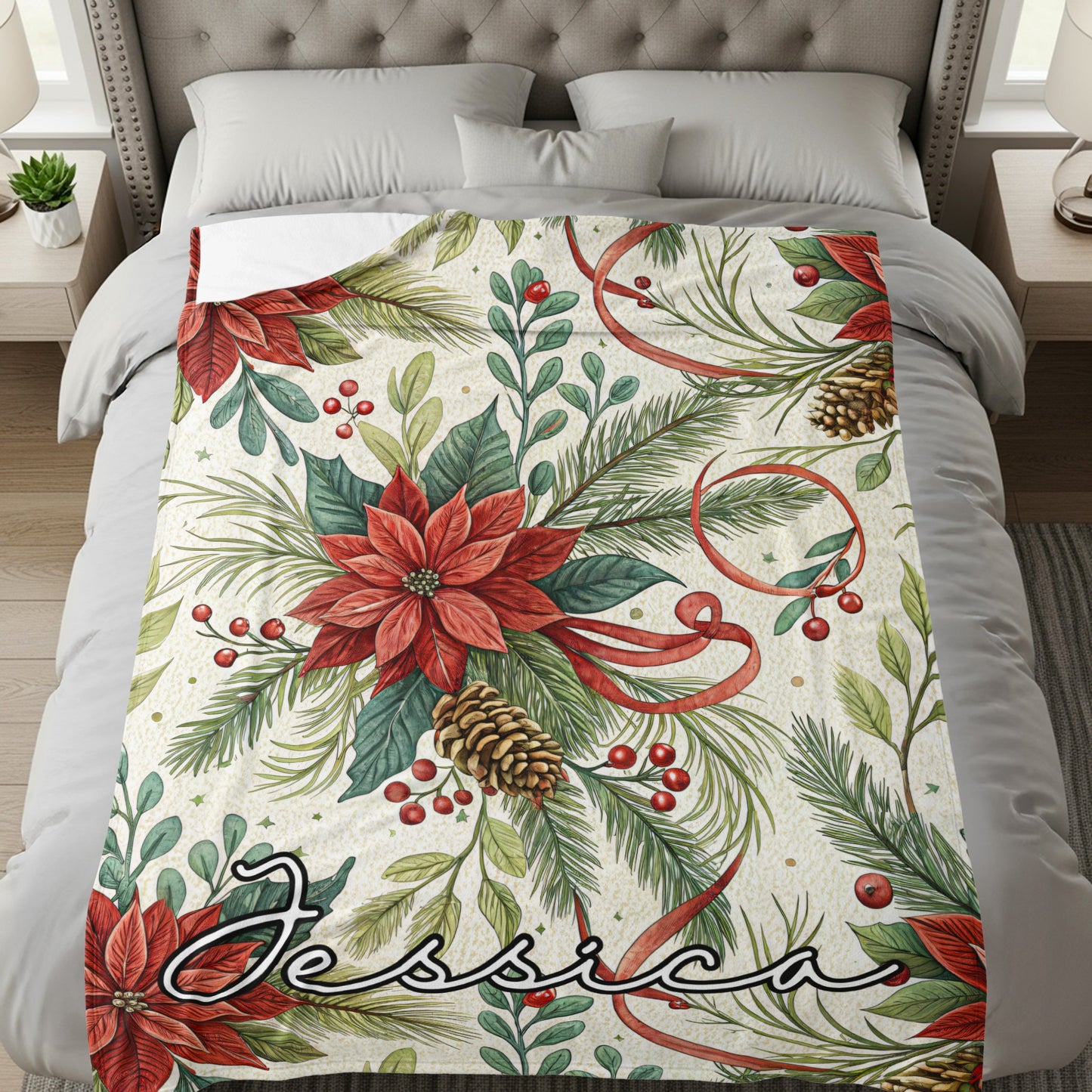 Personalized Christmas Poinsettia Blanket with Name Jessica