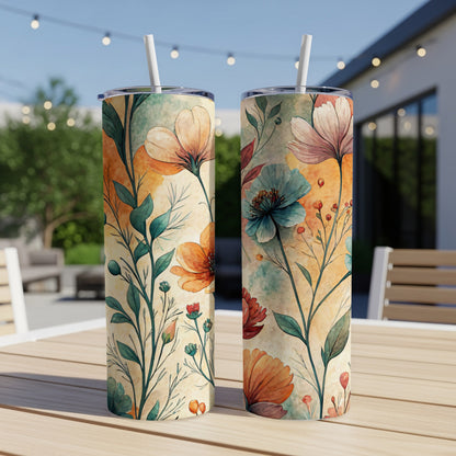 Watercolor Floral Pattern Botanical 20 oz Skinny Tumbler - Walk Greener