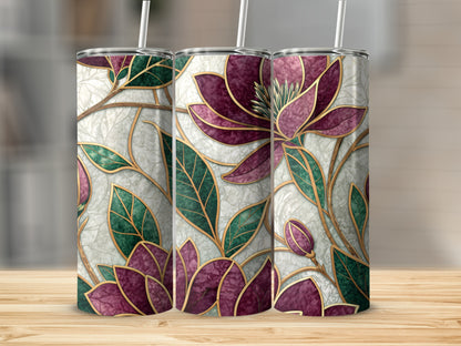 Magnolia Floral Green Leaves Burgundy Petals 20 oz Skinny Tumbler - Walk Greener