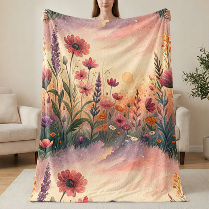 Watercolor Wildflower Meadow at Sunset Floral Artwork - Walk Greener