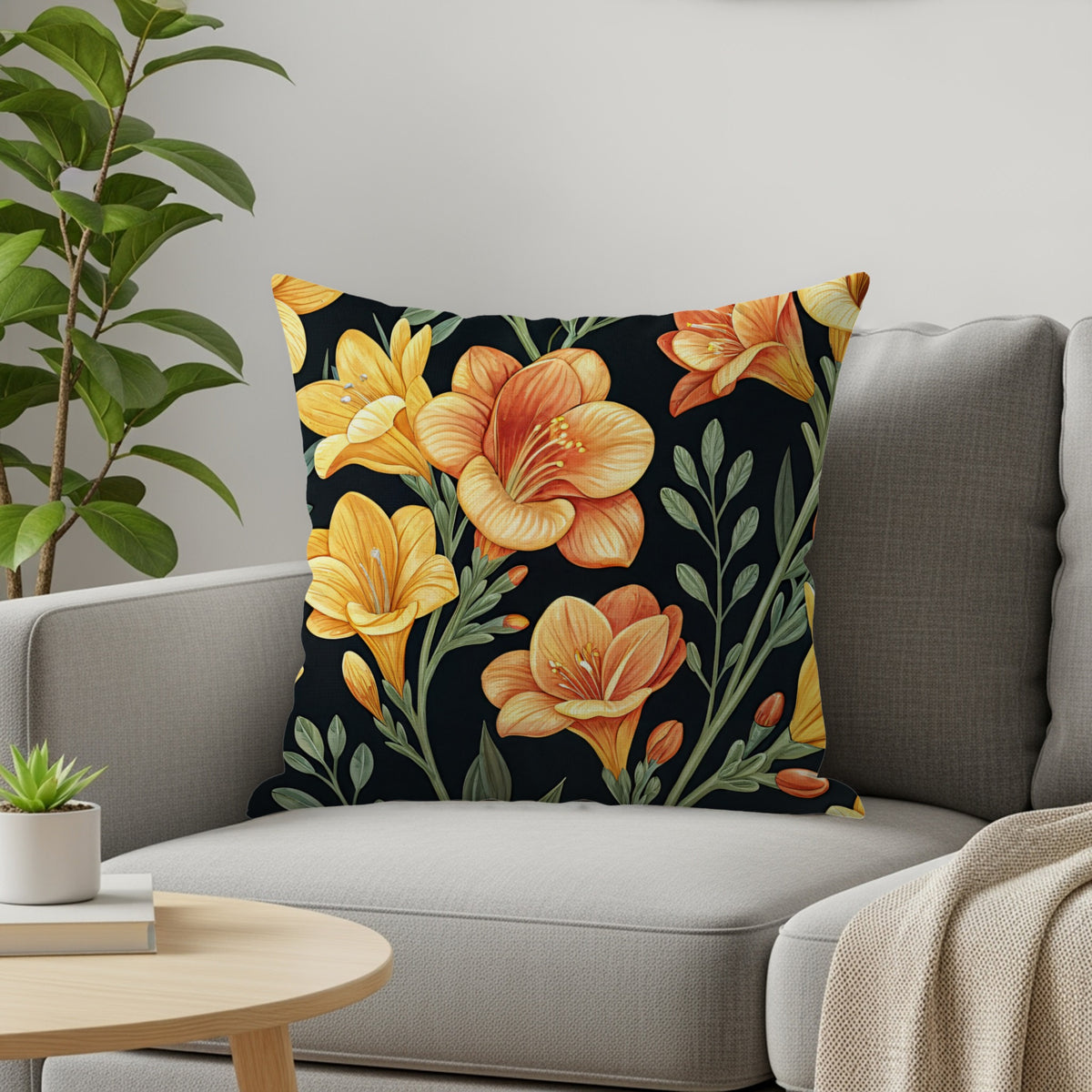 Yellow Orange Floral Pattern Dark Background Decorative Floral Throw Pillows - Walk Greener