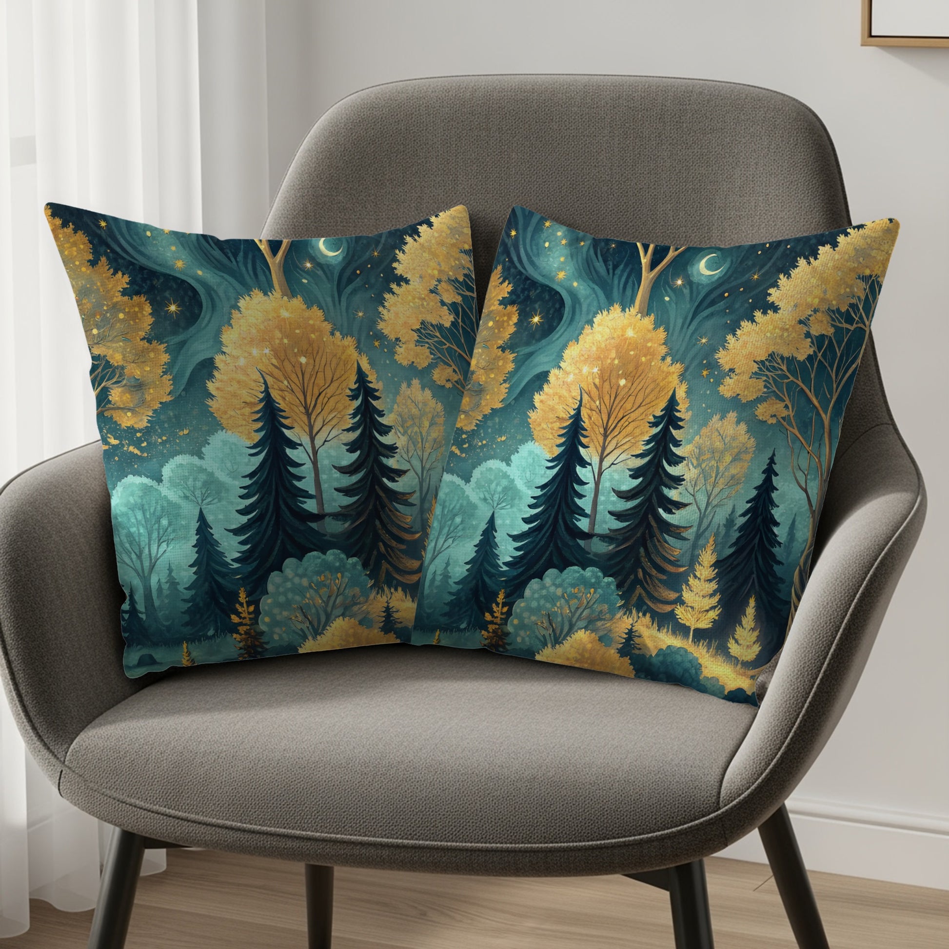 Enchanted Forest Night Scene with Gold Trees Throw Pillows - Walk Greener