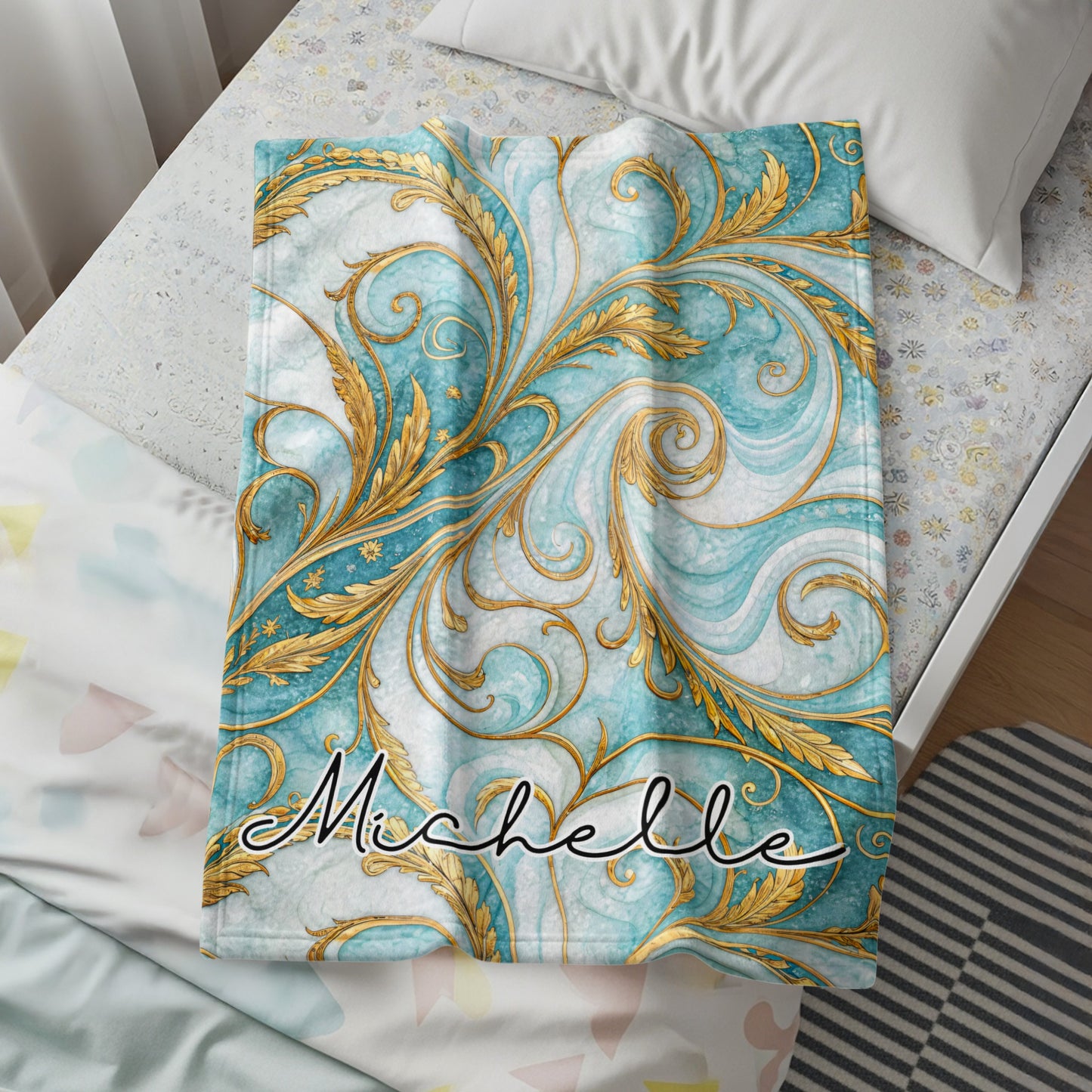 Elegant Blue and Gold Personalized Blanket Michelle Design