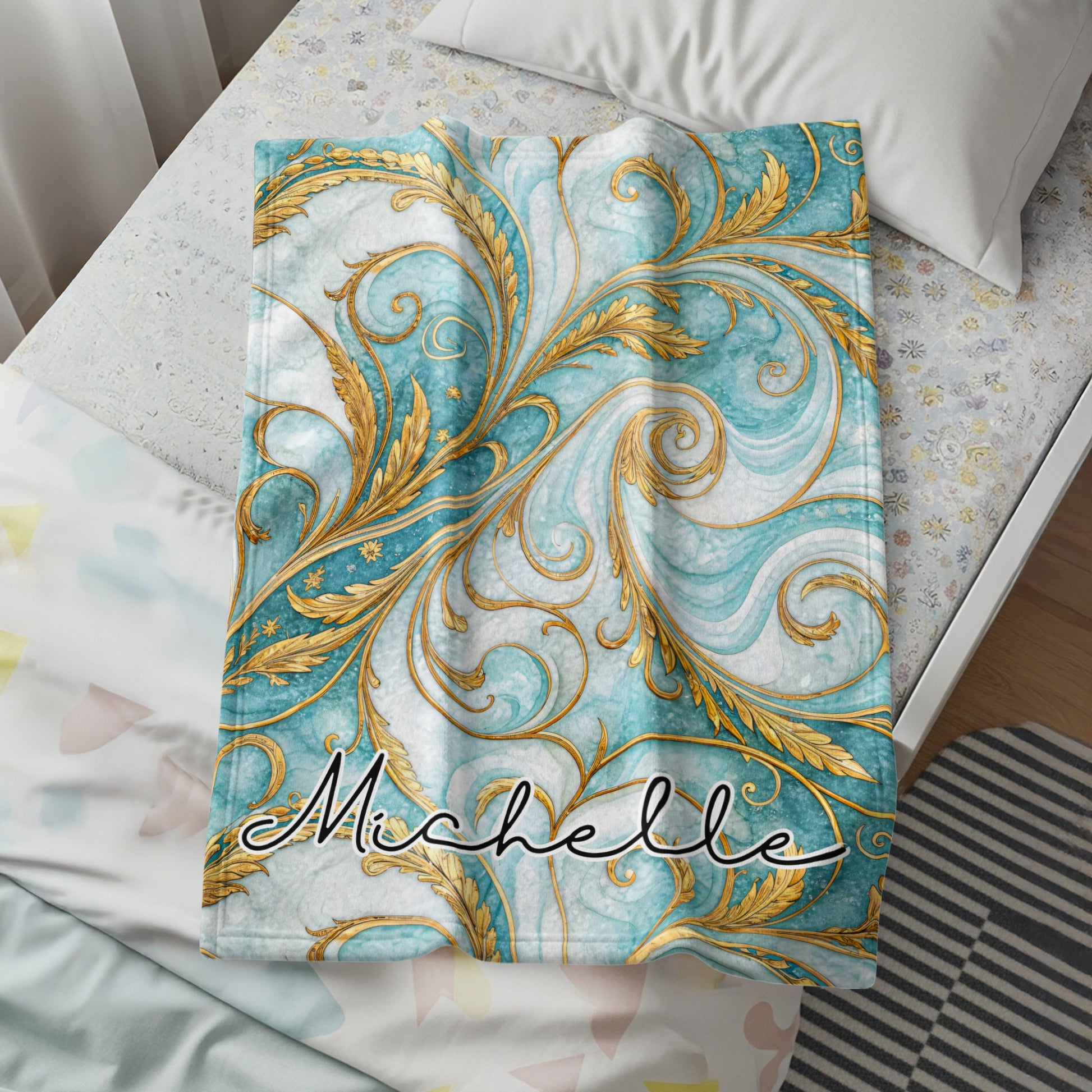 Elegant Blue and Gold Personalized Blanket Michelle Design