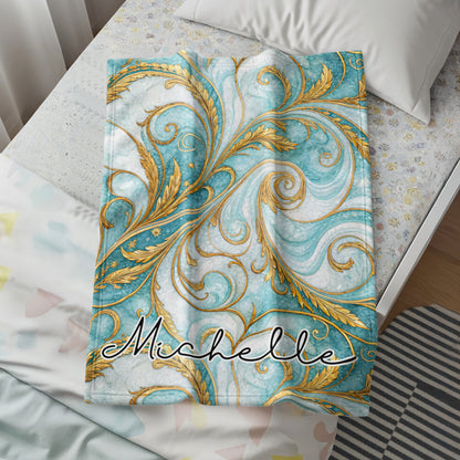 Elegant Blue and Gold Personalized Blanket Michelle Design