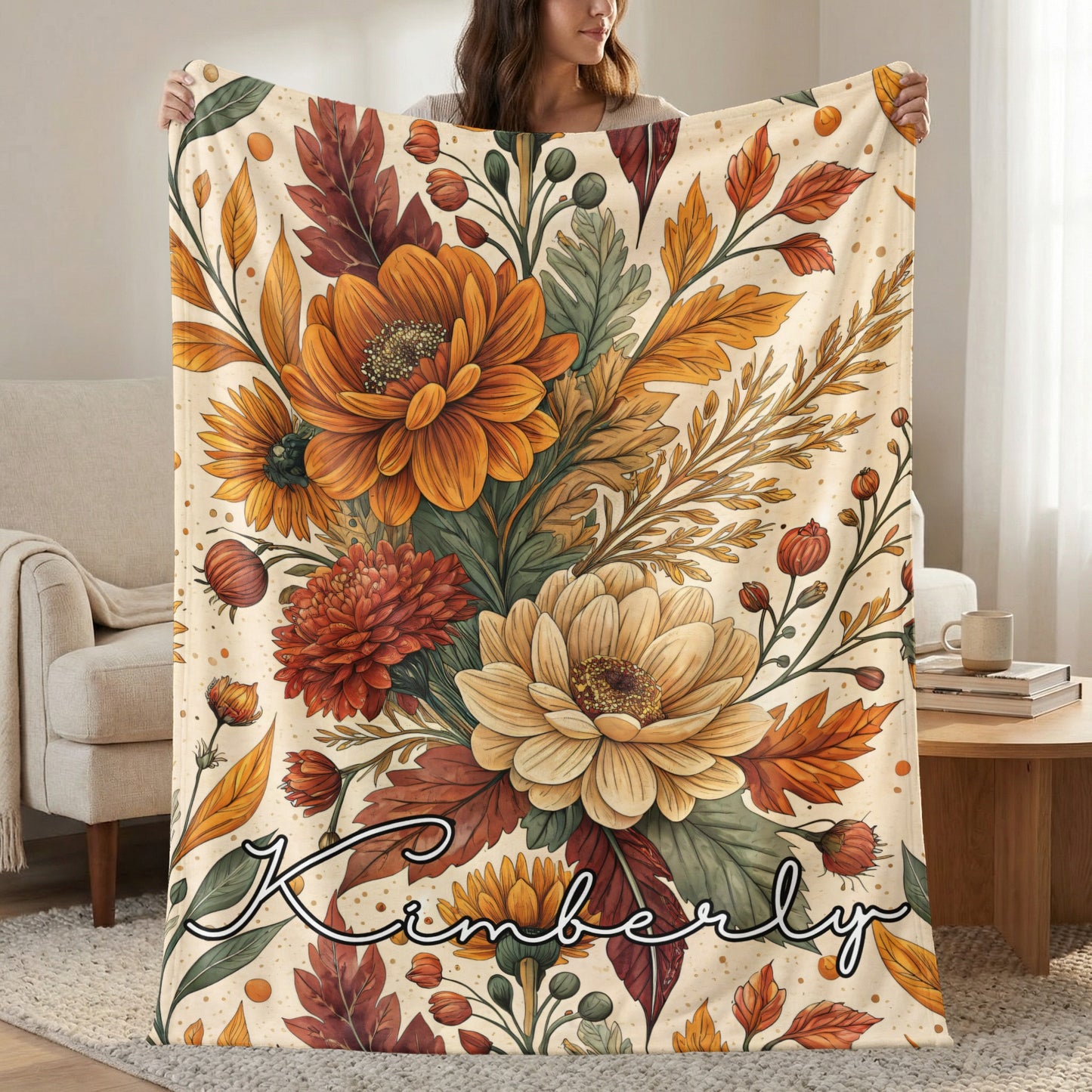 Personalized Floral Fall Themed Blanket with Name Kimberly