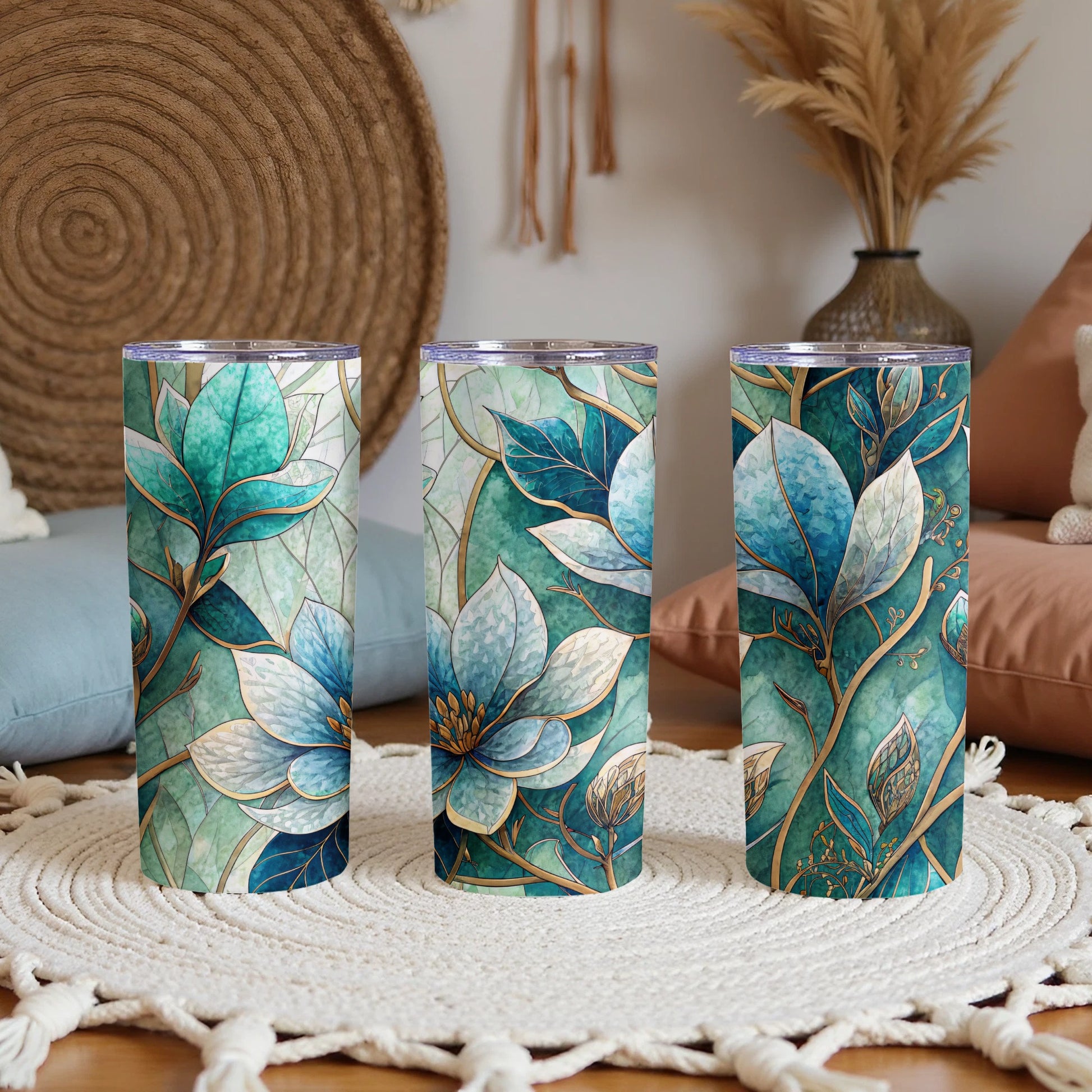 Teal And Gold Floral Watercolor Pattern 20 oz Skinny Tumbler - Walk Greener