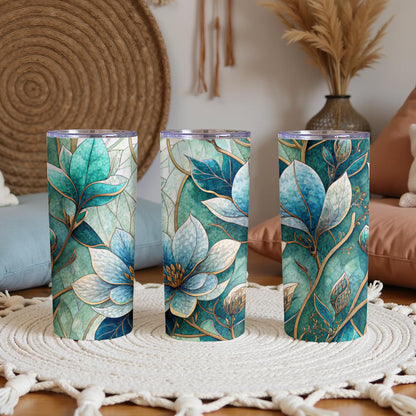 Teal And Gold Floral Watercolor Pattern 20 oz Skinny Tumbler - Walk Greener