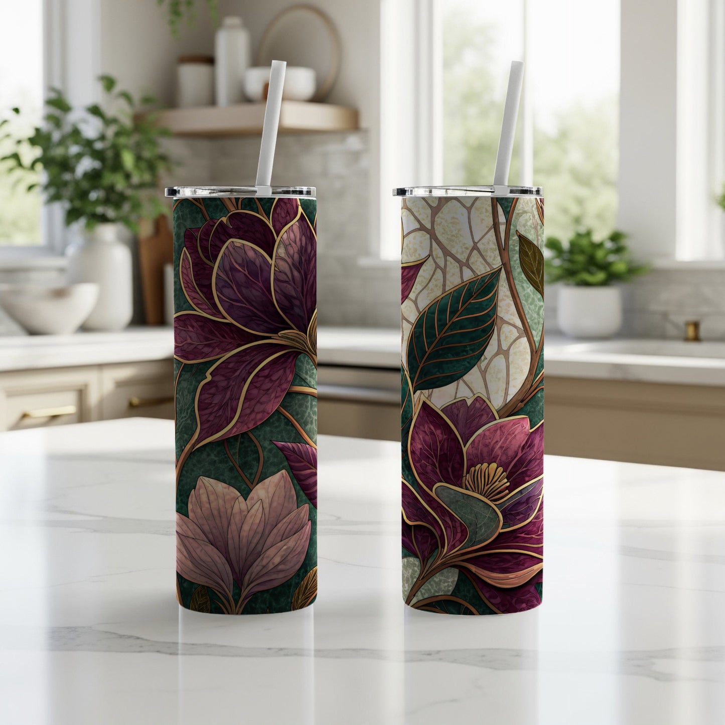 Abstract Floral Design with Gold Outlines and Lush Colors 20 oz Skinny Tumbler - Walk Greener