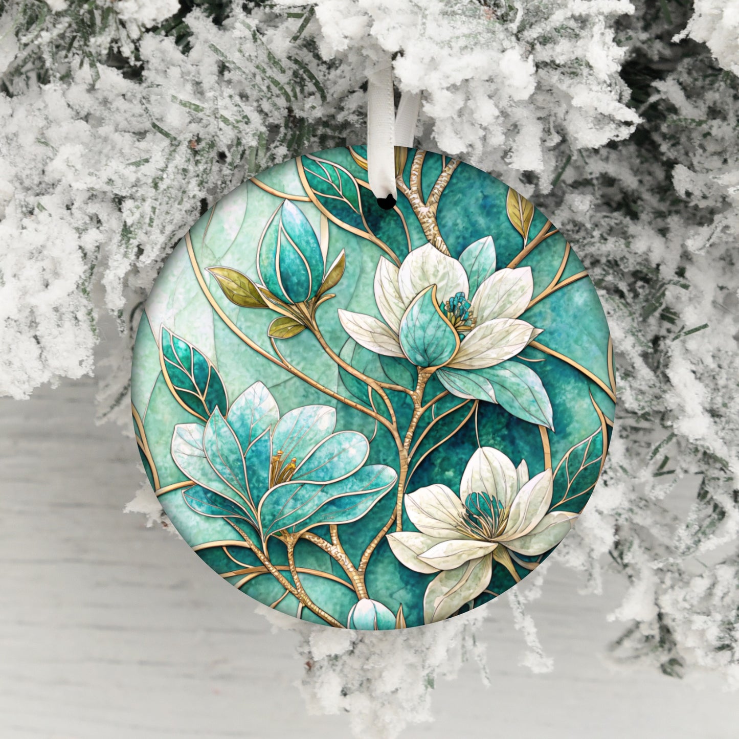Elegant Floral Teal and White Christmas Ornament