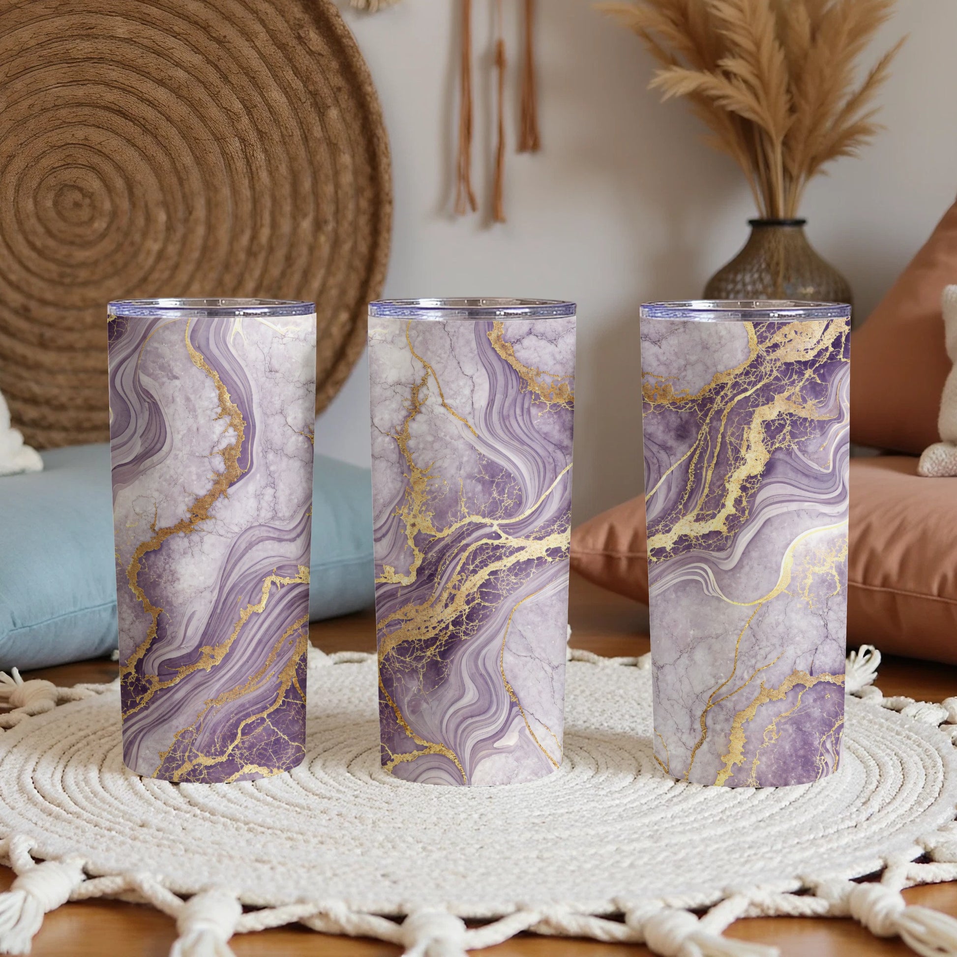 Elegant Purple and Gold Swirl Design Tumblers