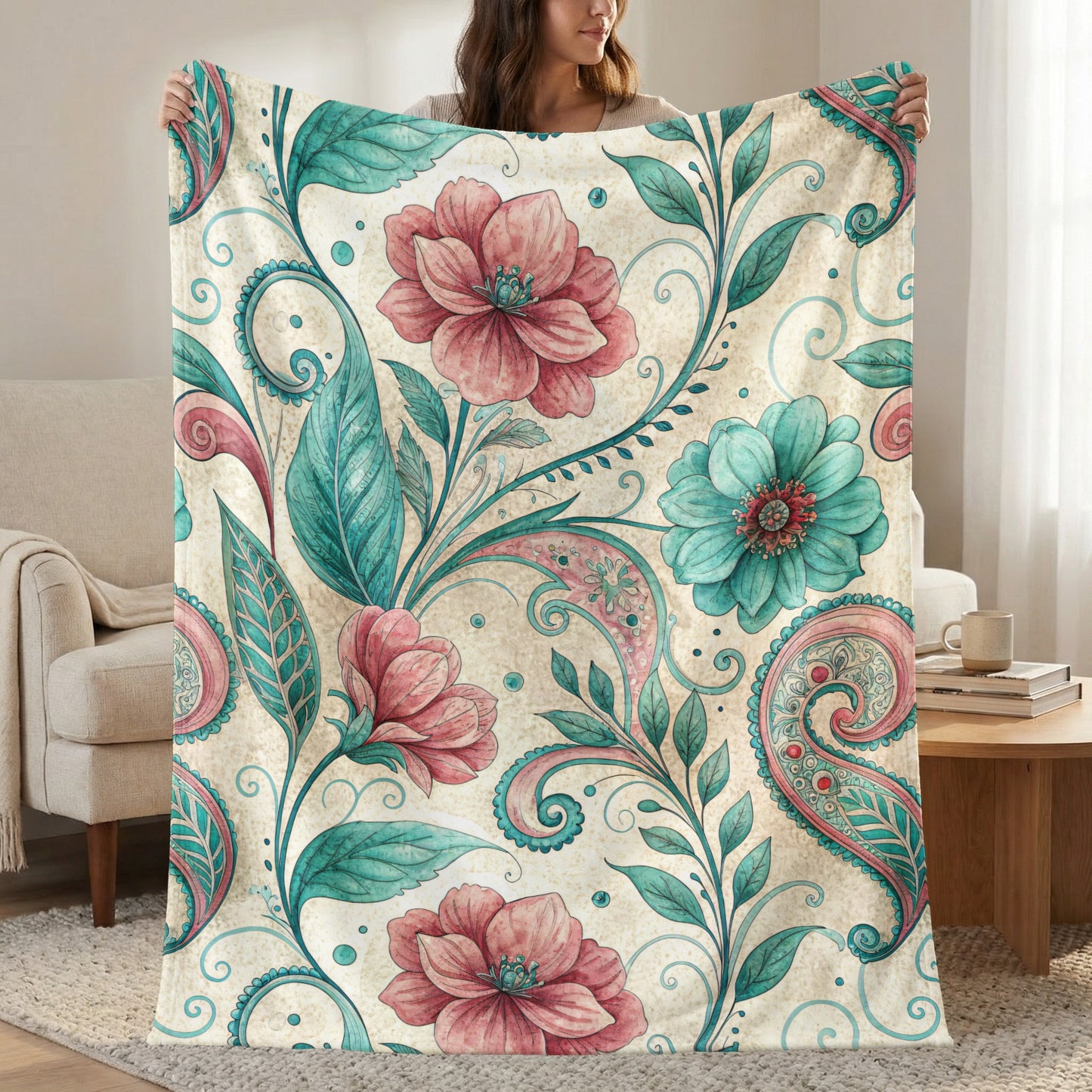 Floral Paisleys in Pink and Teal Watercolor Style Art - Walk Greener