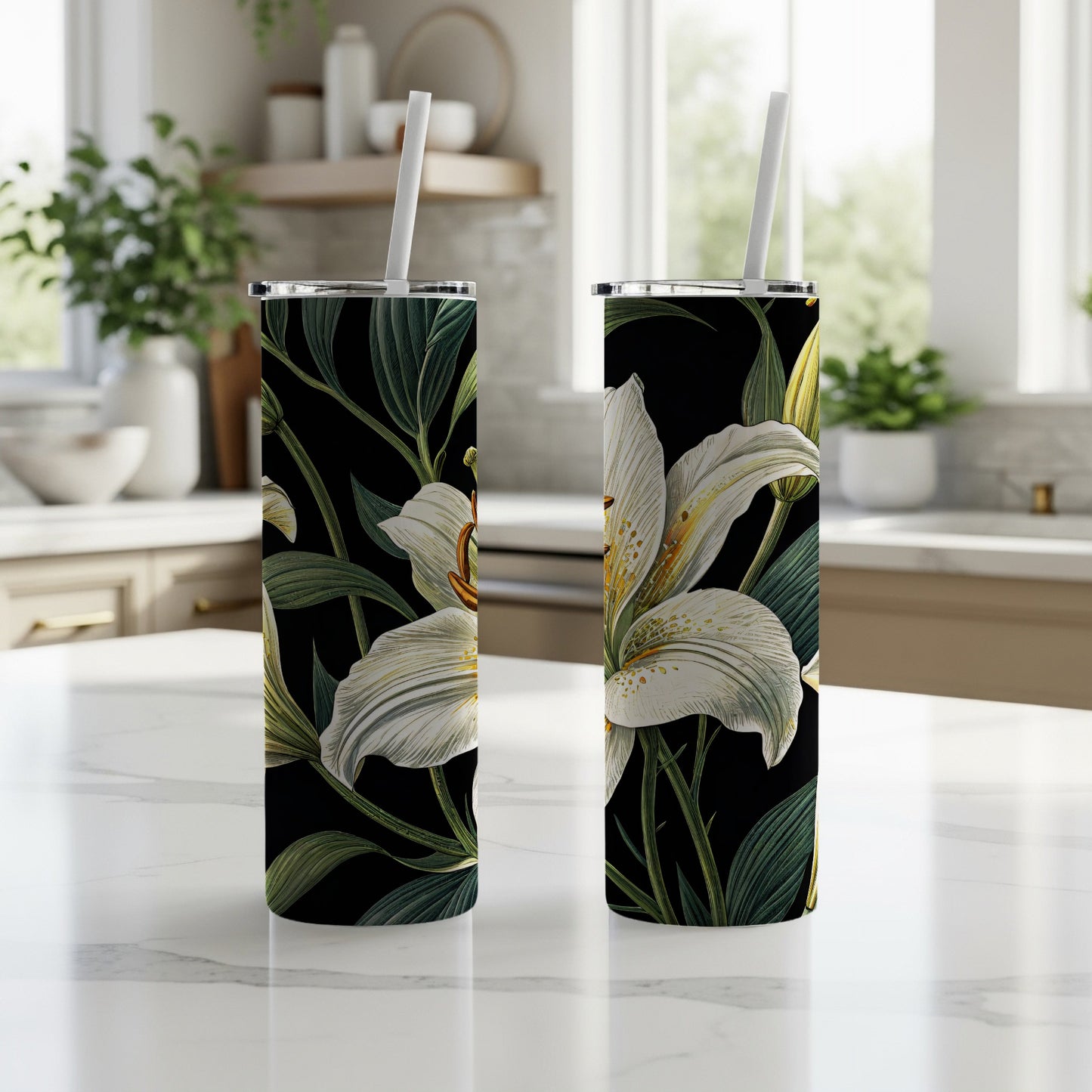 Delicate White Lilies on Black Background for Floral Lovers Tumblers - Walk Greener