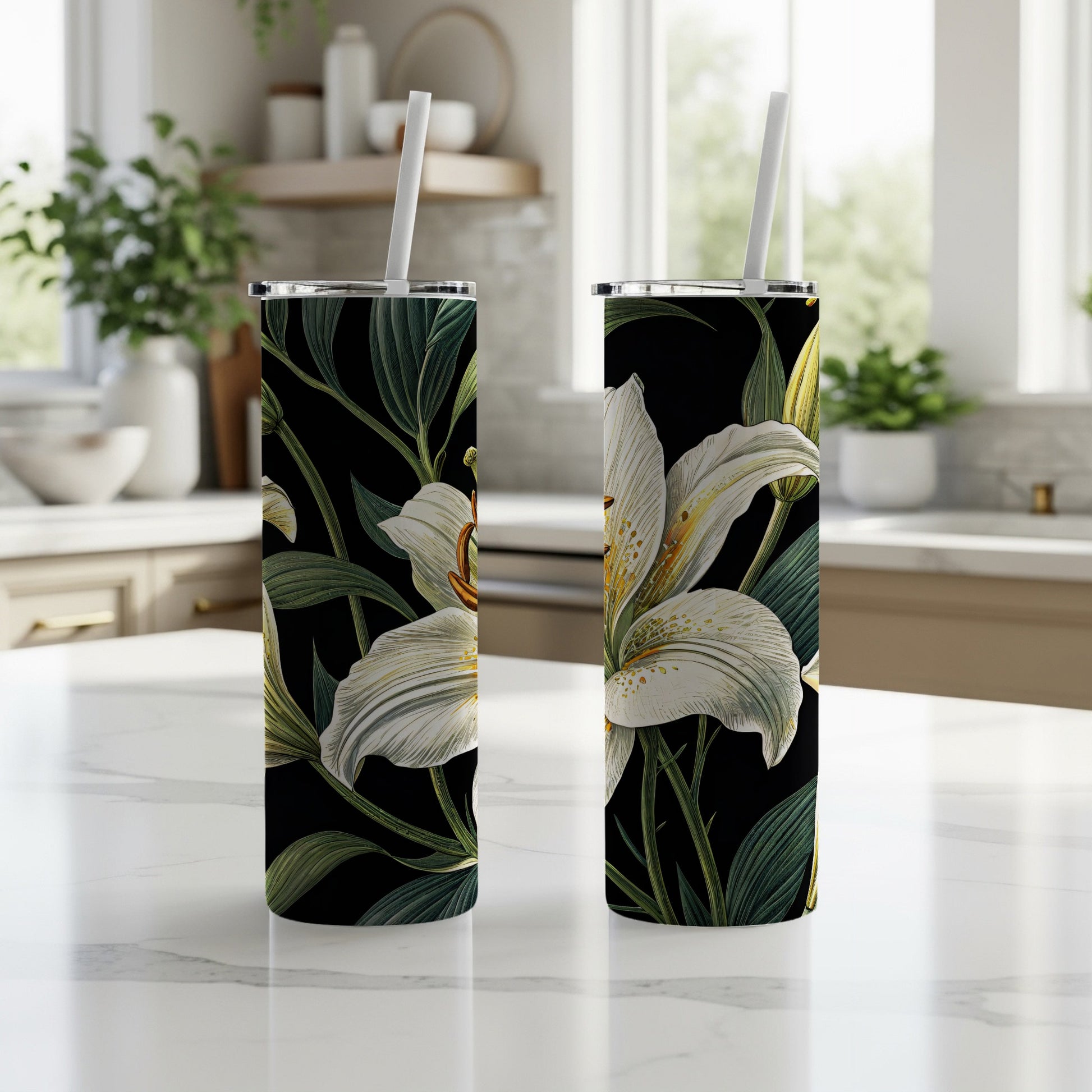 Delicate White Lilies on Black Background for Floral Lovers Tumblers - Walk Greener
