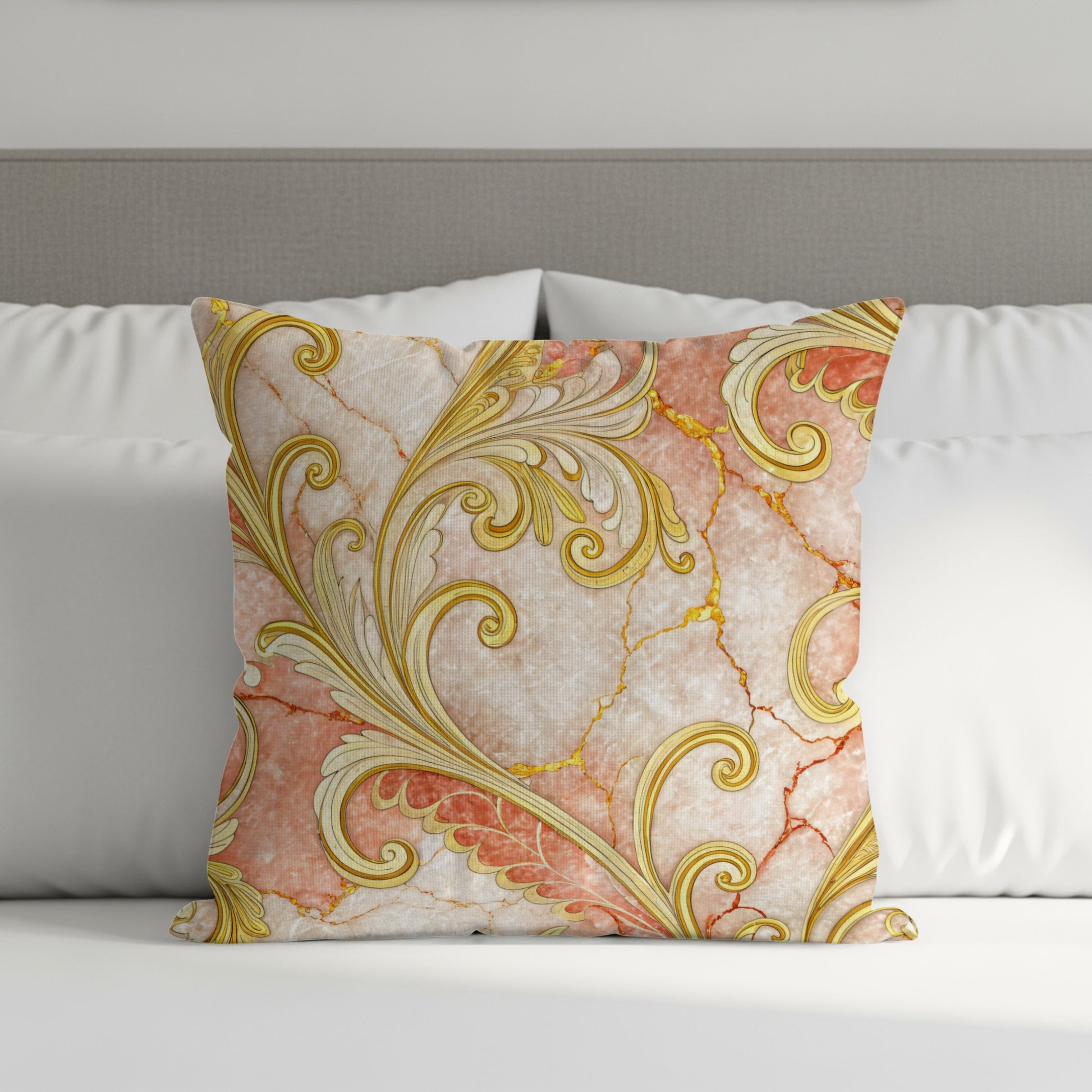 Elegant Gold Swirl Design on Pink Cushion Cover