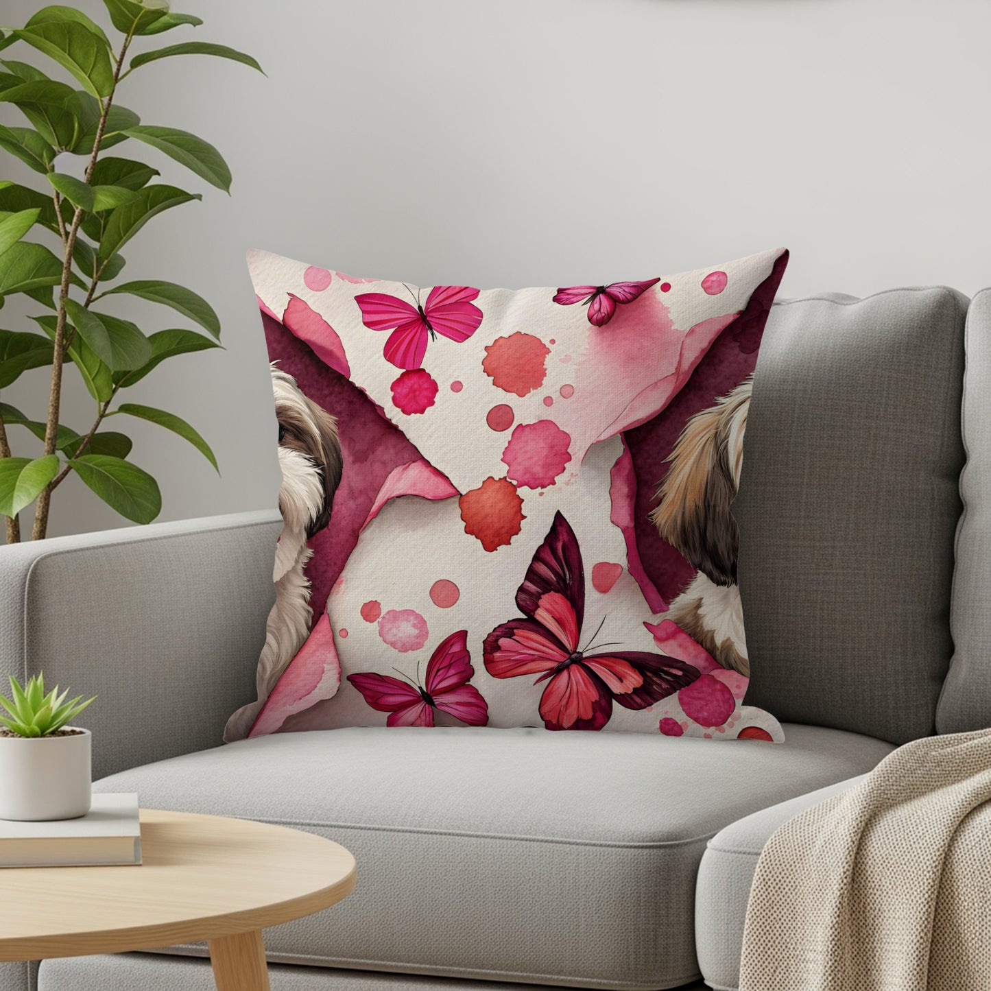 Decorative Pink Butterfly and Dog Throw Pillow Product