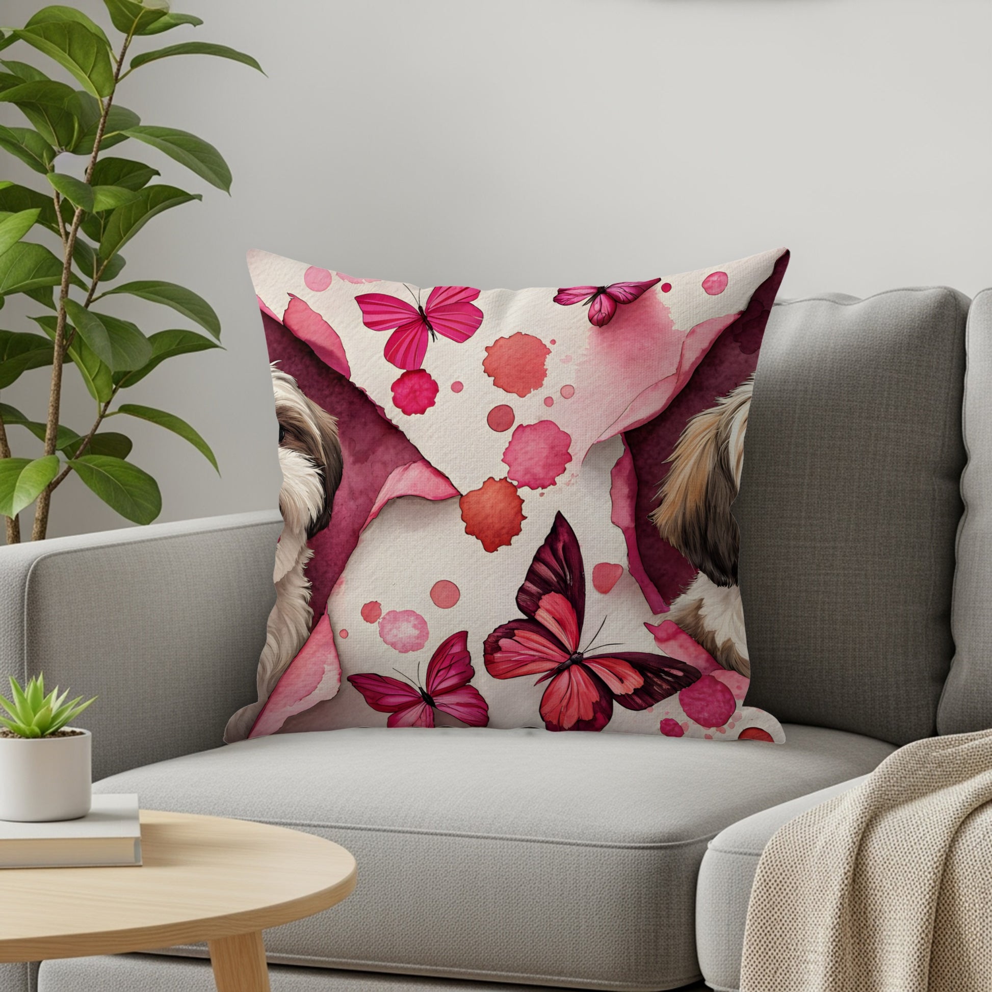 Decorative Pink Butterfly and Dog Throw Pillow Product