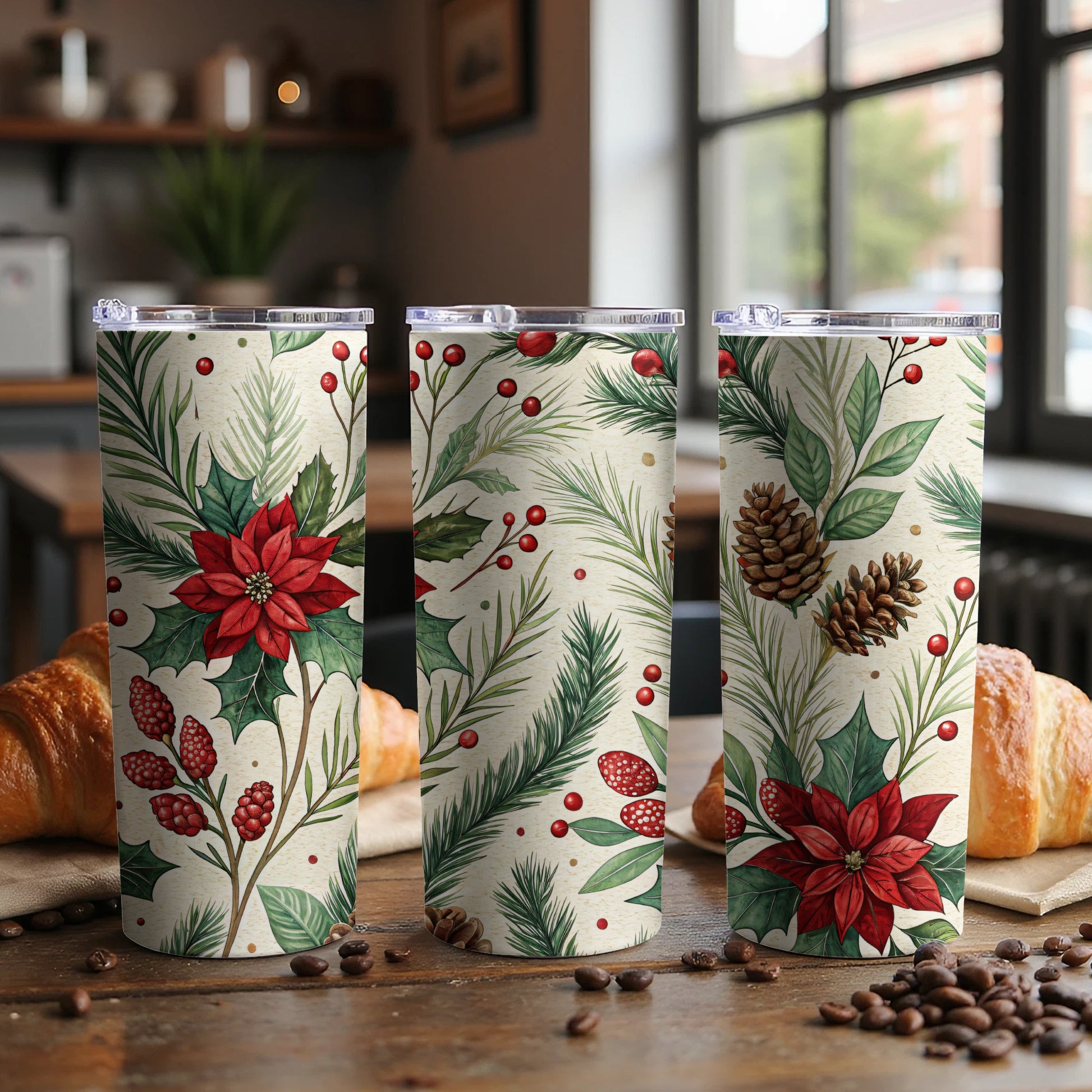 Festive Christmas Floral and Pinecone Design Tumbler