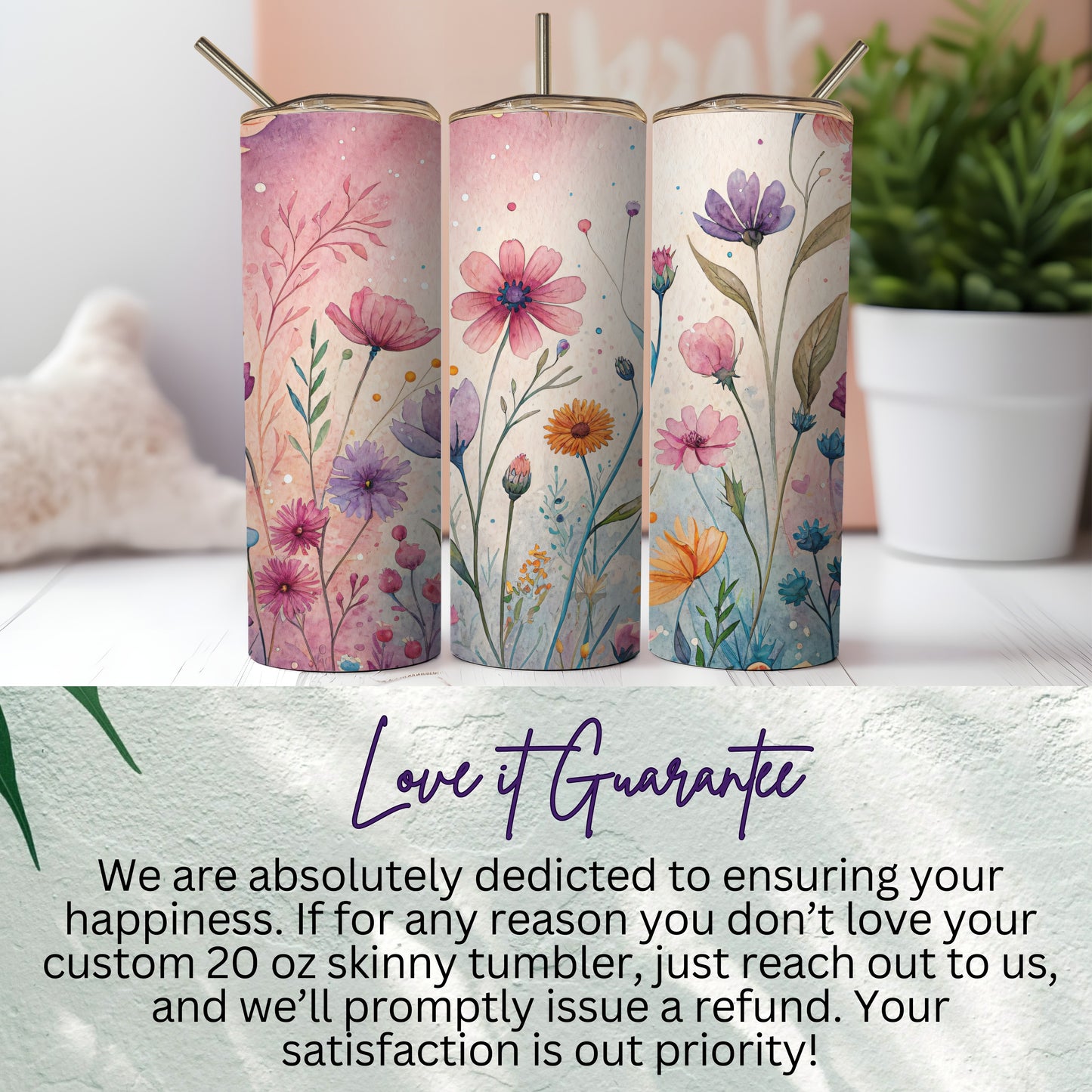 Watercolor Flowers On The Meadow Pink Purple 20 oz Skinny Tumbler - Walk Greener