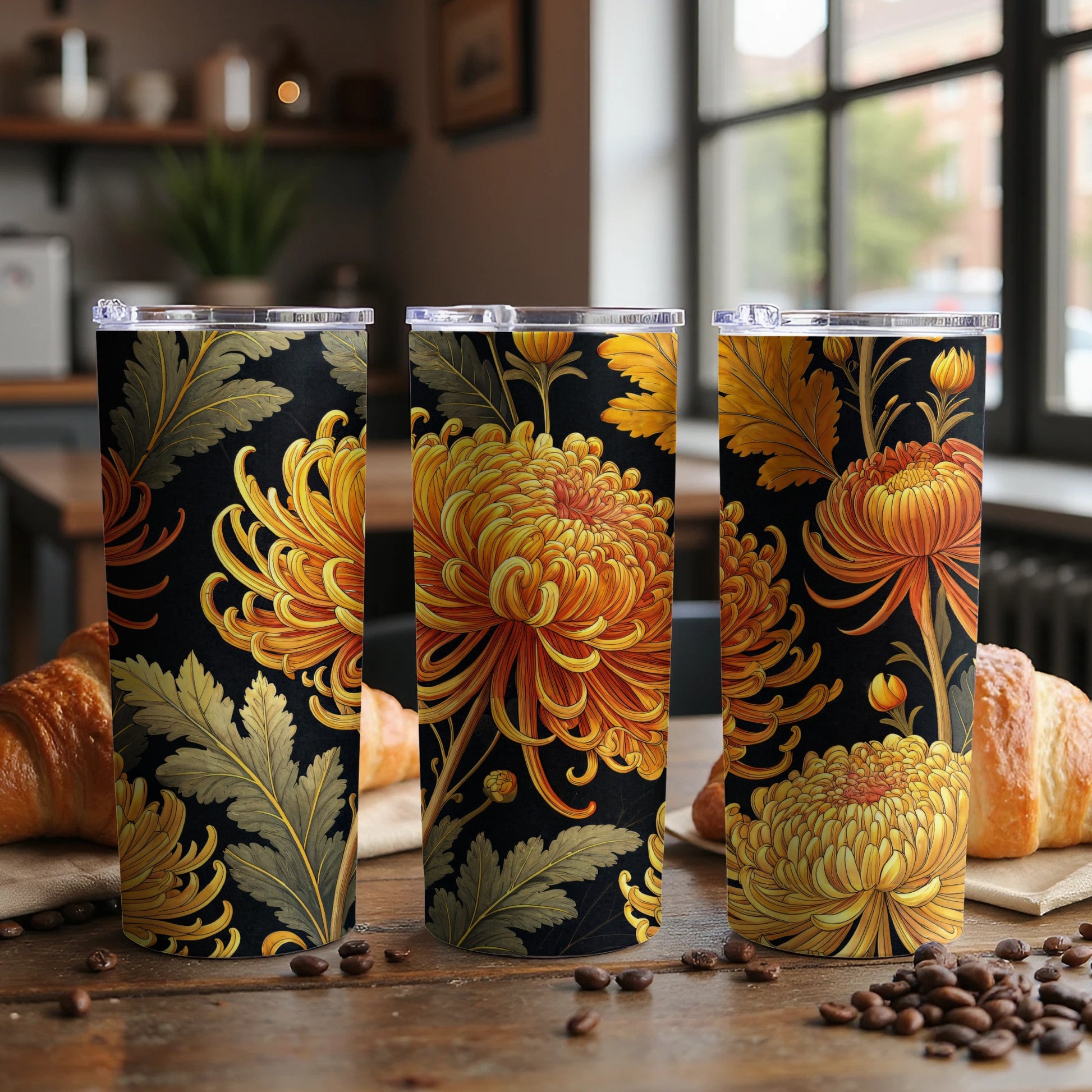 Exquisite Golden Chrysanthemum Floral Pattern Tumblers - Walk Greener