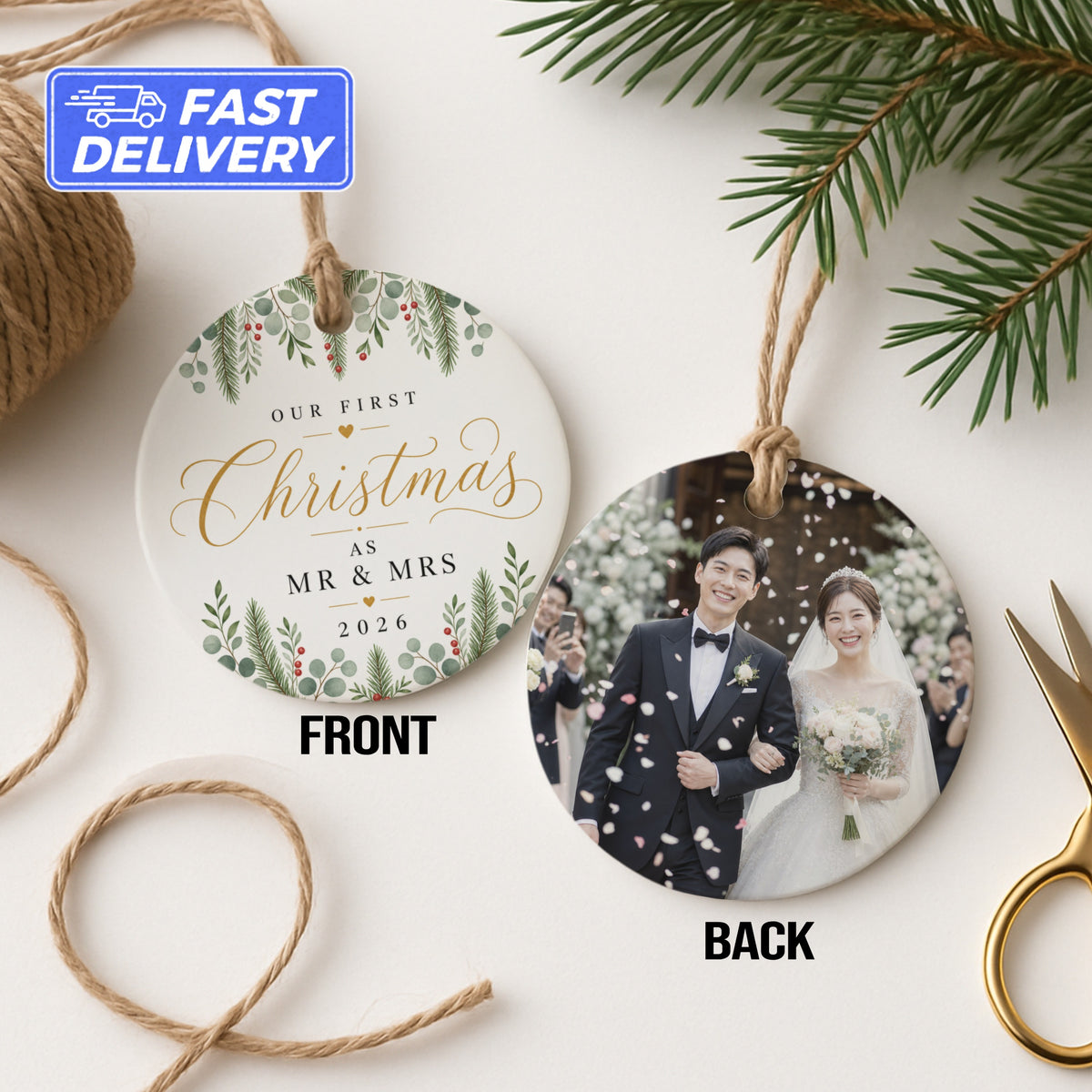 Round Christmas ornament with "Our First Christmas as Mr & Mrs 2026" and wedding photo.