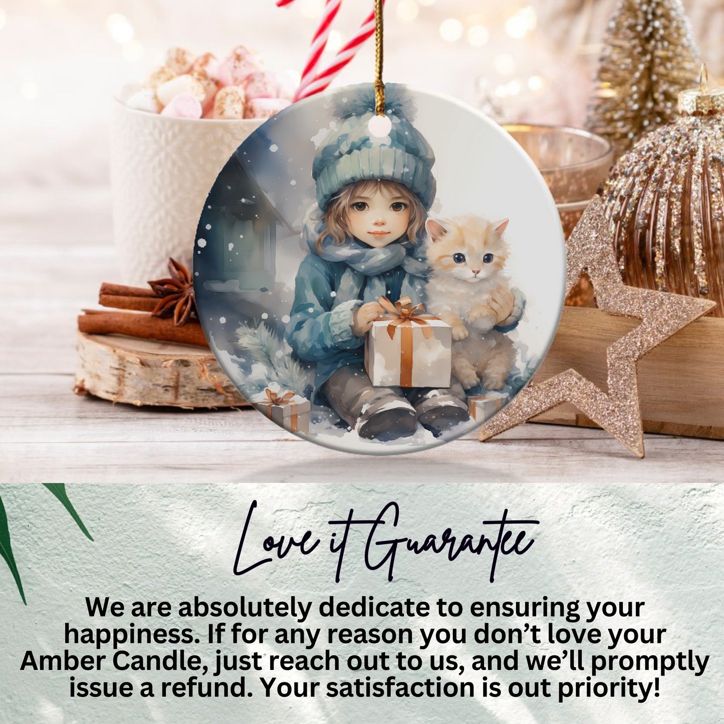 Cute Girl with Kitten Snowy Ornament product