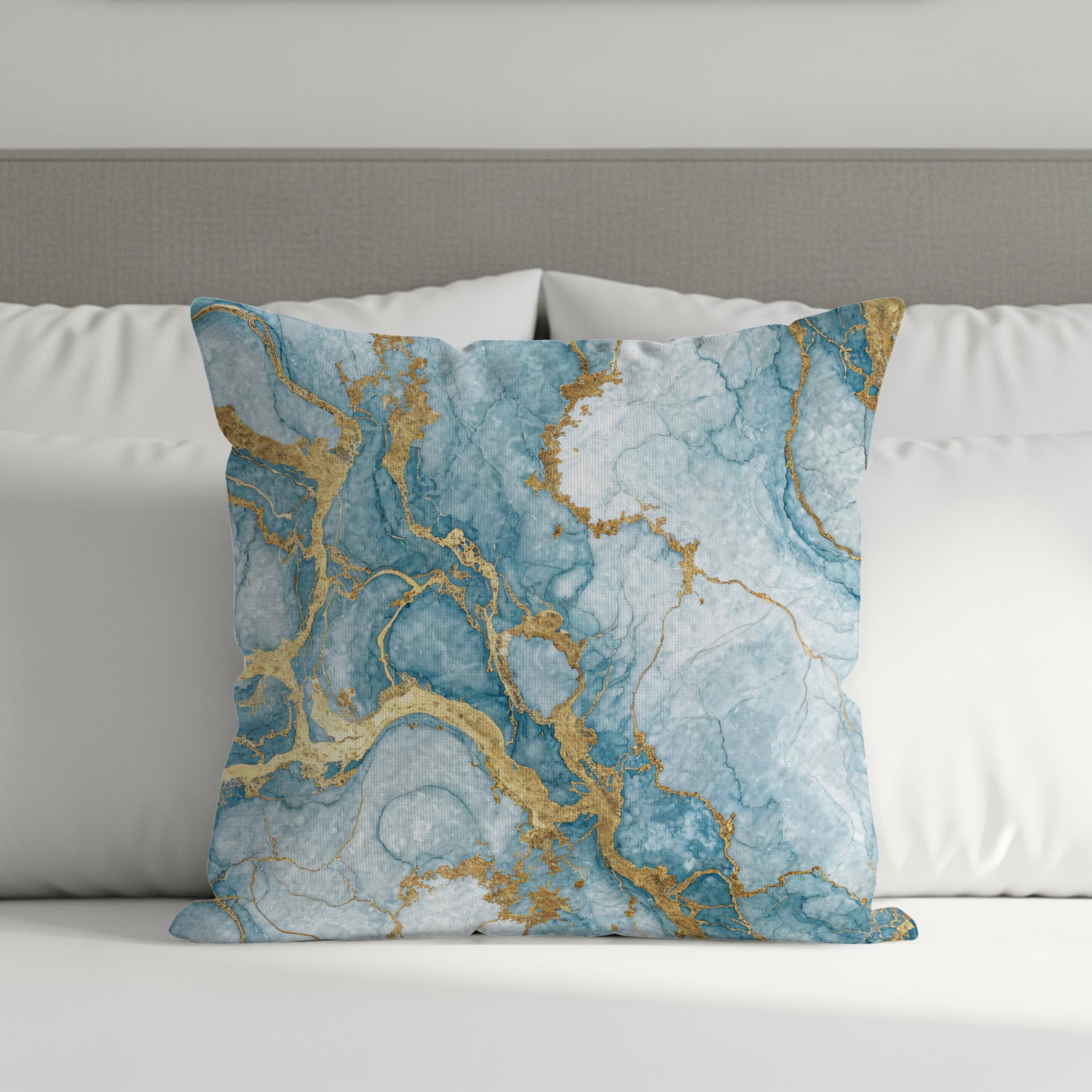 Abstract Gold Veins In Blue Art Decorative Floral Throw Pillows - Walk Greener