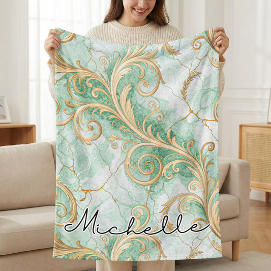 Personalized Green and Gold Swirl Design Throw Blanket