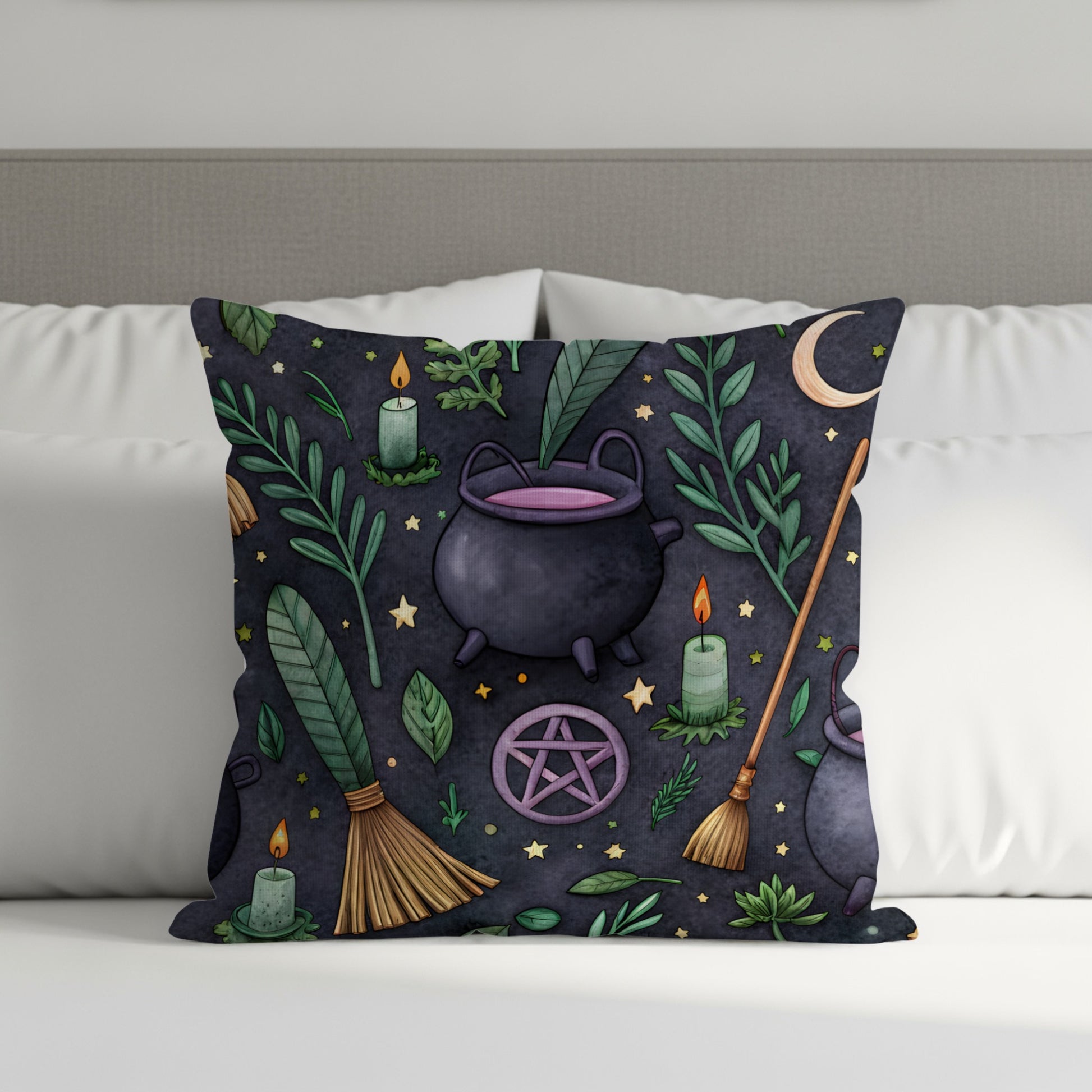 Witchcraft Pattern With Cauldron Moon Stars Pentagrams Throw Pillows - Walk Greener
