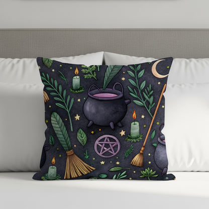 Witchcraft Pattern With Cauldron Moon Stars Pentagrams Throw Pillows - Walk Greener